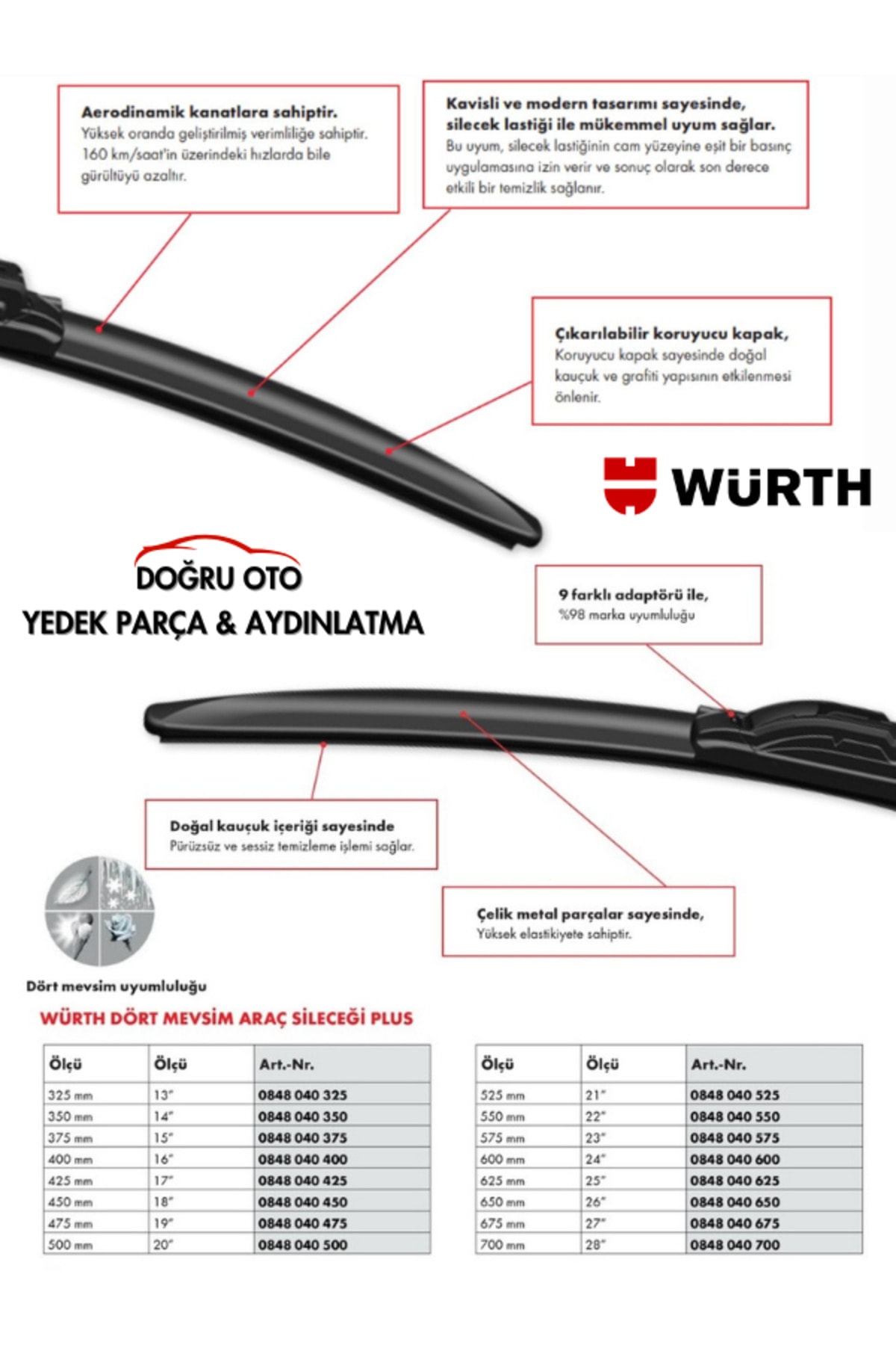 1 Adet Dört Mevsim Araç Cam Silecek - 500mm 20" DOĞRU OTO