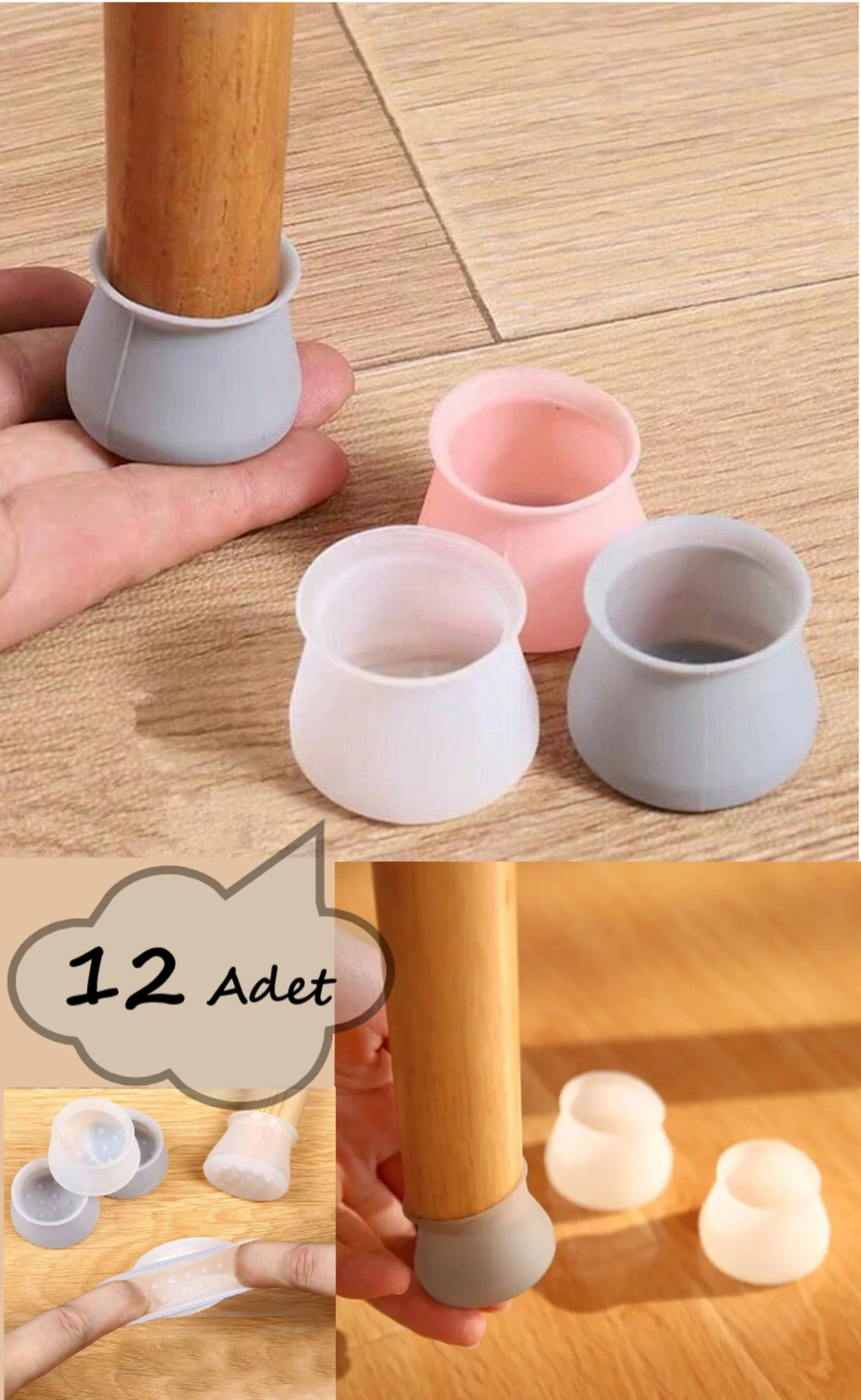 12 Adet Silikon Zemin Koruyucu Sandalye Masa Pabucu Kaydırmaz Ses Önleyici Silikon Pabuç Beyaz Renk