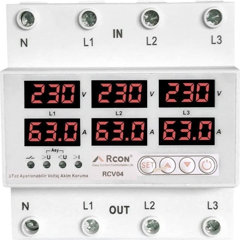 Rcv 04 Ray Tipi Trifaze Akım Koruyucu Voltaj Koruyucu 63 A Sigorta