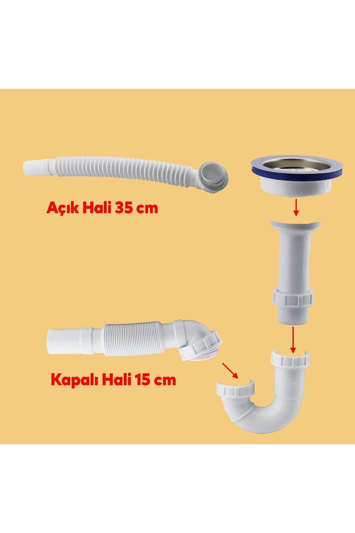 Süzgeçli Geniş Kafalı Körüklü Işyeri Evye Lavabo Sifonu Pis Su Gideri Borusu Plastik 15-35 Cm