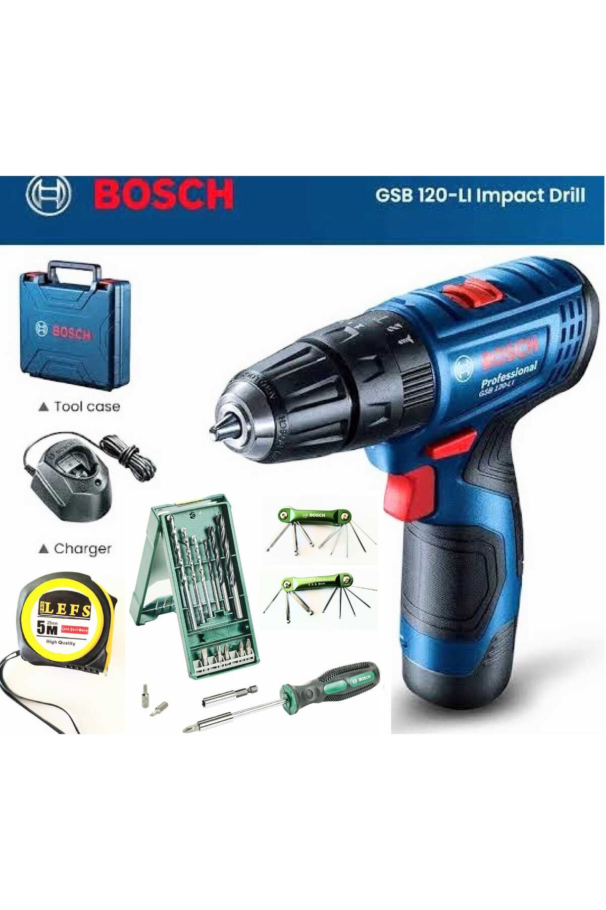 BOSCH Gsb 120 Li Darbeli Vidalama (Tek Akü),X-Line 15 Parça Mini Aksesuar Seti,Allen,Tornavida,Metre