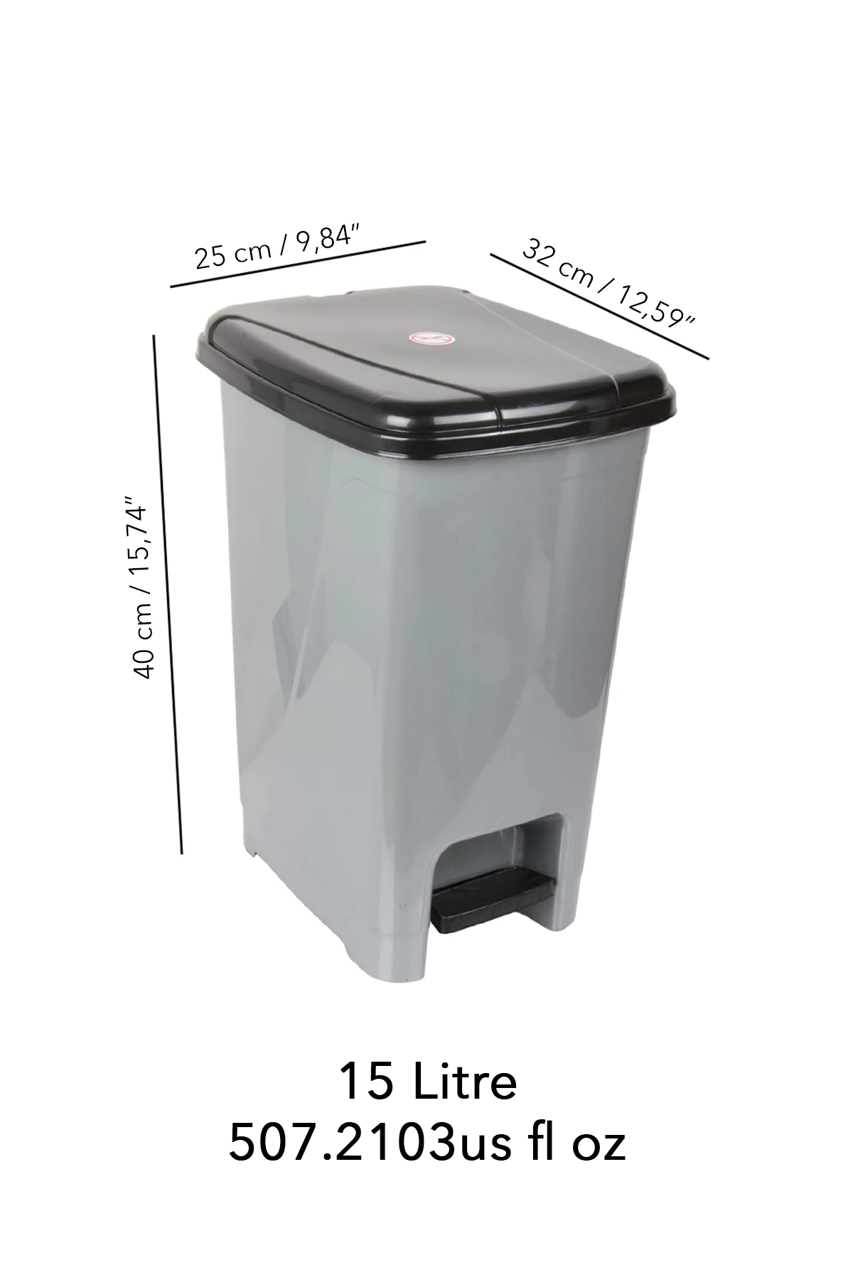 15 Litre Pedallı Gri Banyo Mutfak Çöp Kovası Siyah Kapaklı Slim Pedallı Çöp Kovası