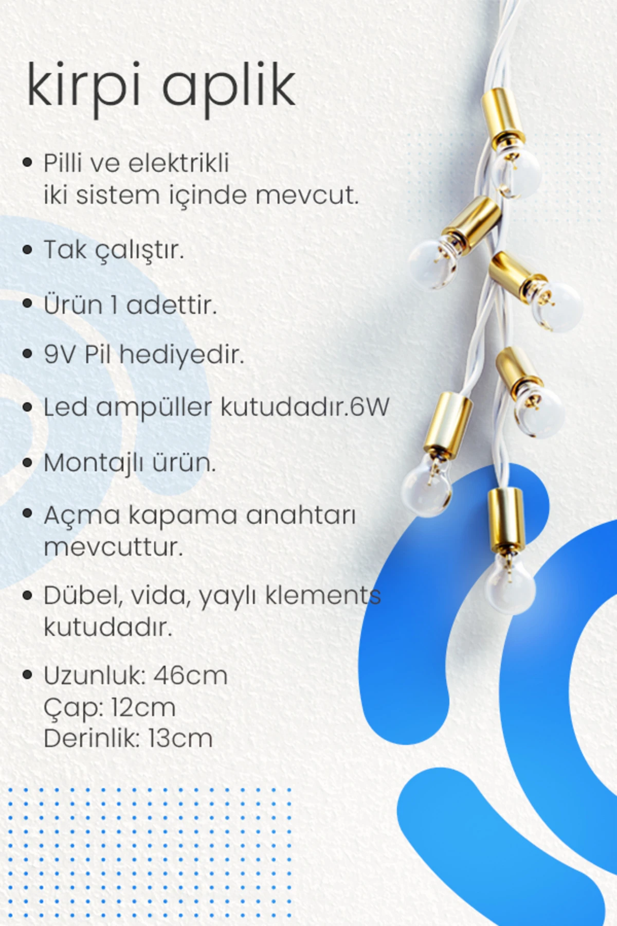 Kirpi Rose, Pilli Aplik, Anahtarlı, Pilli Elektrikli 1 Adet Ledli Duvar Aplik, Gece Lambası