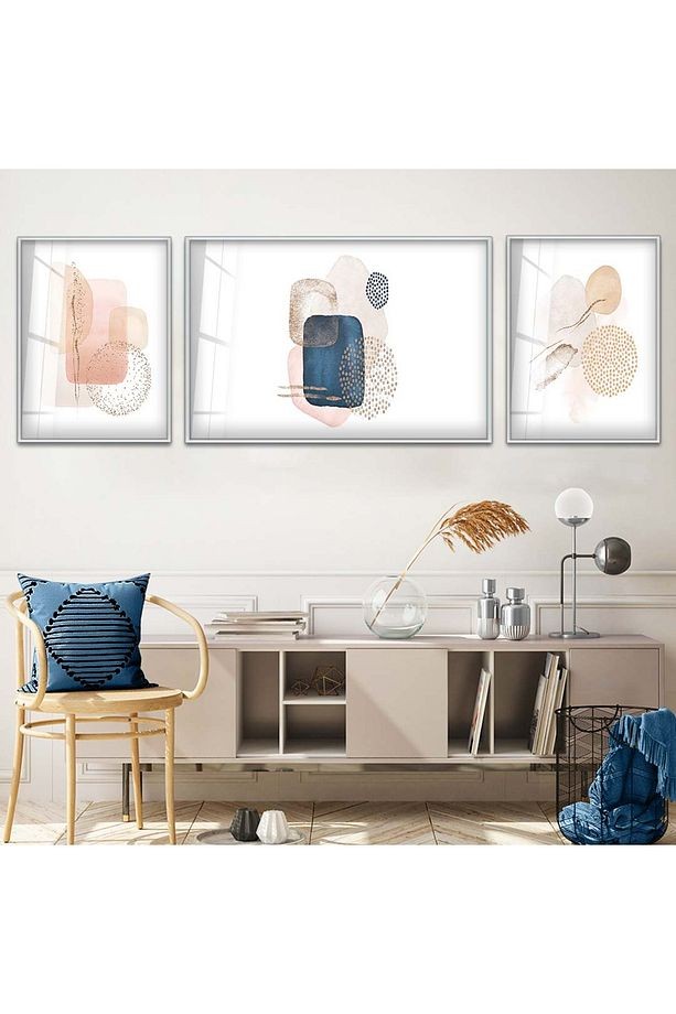 Gümüş Metal Çerçeveli Modern Çizim Üçlü Kırılmaz Cam Tablo Seti