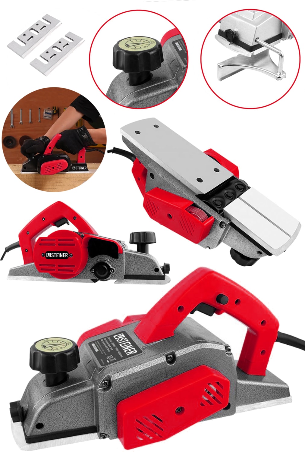 Alman 4200 W Bakır Sargı Metal Şanzıman Motor Korumalı Çift Bıçaklı Planya Rende Makinesi + 2 Bıçak