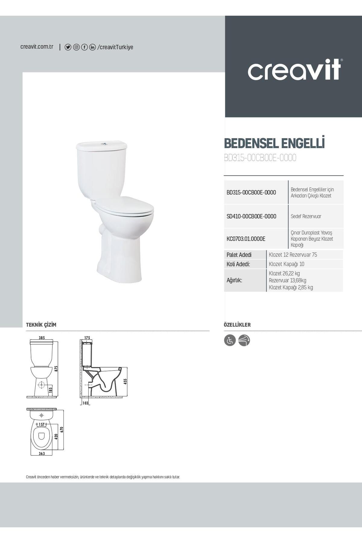 Bedensel Engelli Arkadan Çıkışlı Klozet + Rezervuar + İç Takım + Çınar Yavaş Kapanan Kapak 4