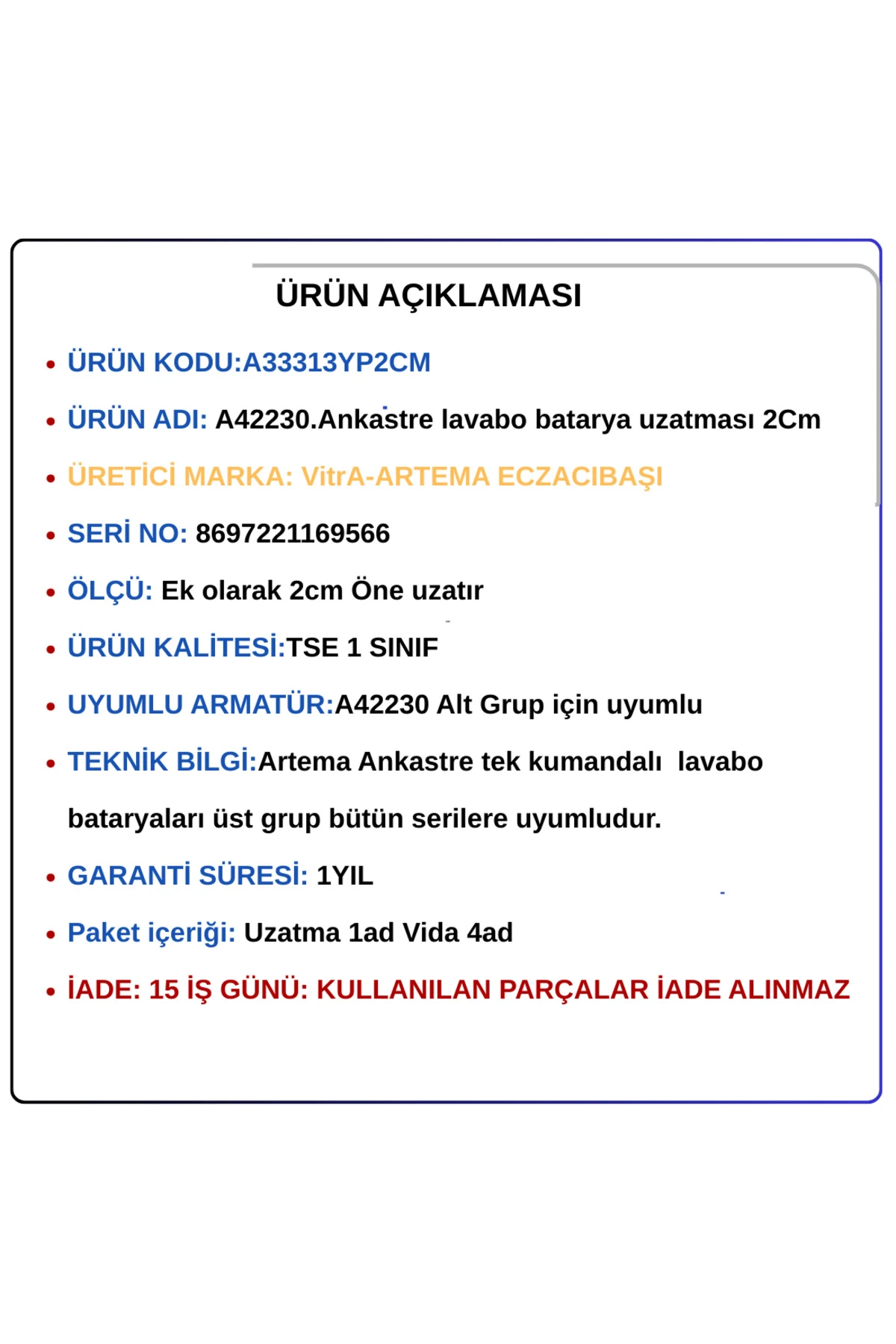 A33313YP2CM Ankastre Lavabo batarya uzatması (2CM)