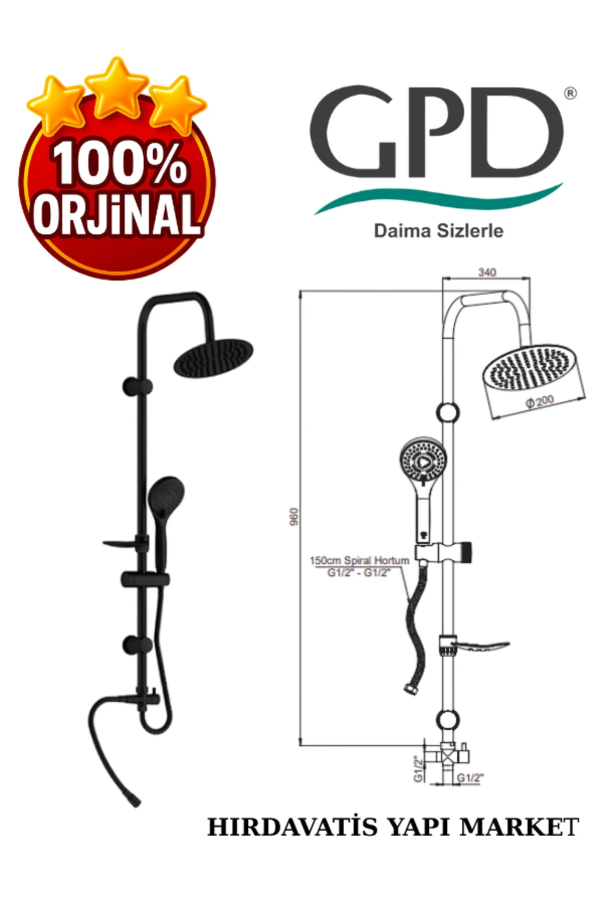 DST19-2-S Yönlendiricili Duş Seti (3 Fonksiyonlu El Duşu + Ø200)