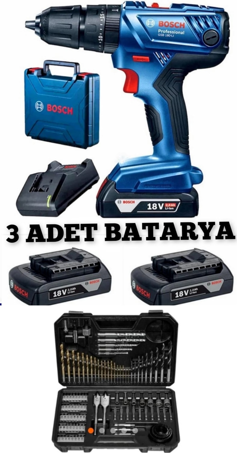 BOSCH Gsb 180 Li 3 x 2 Ah Darbeli Matkap ve 103 Parça Uç Seti