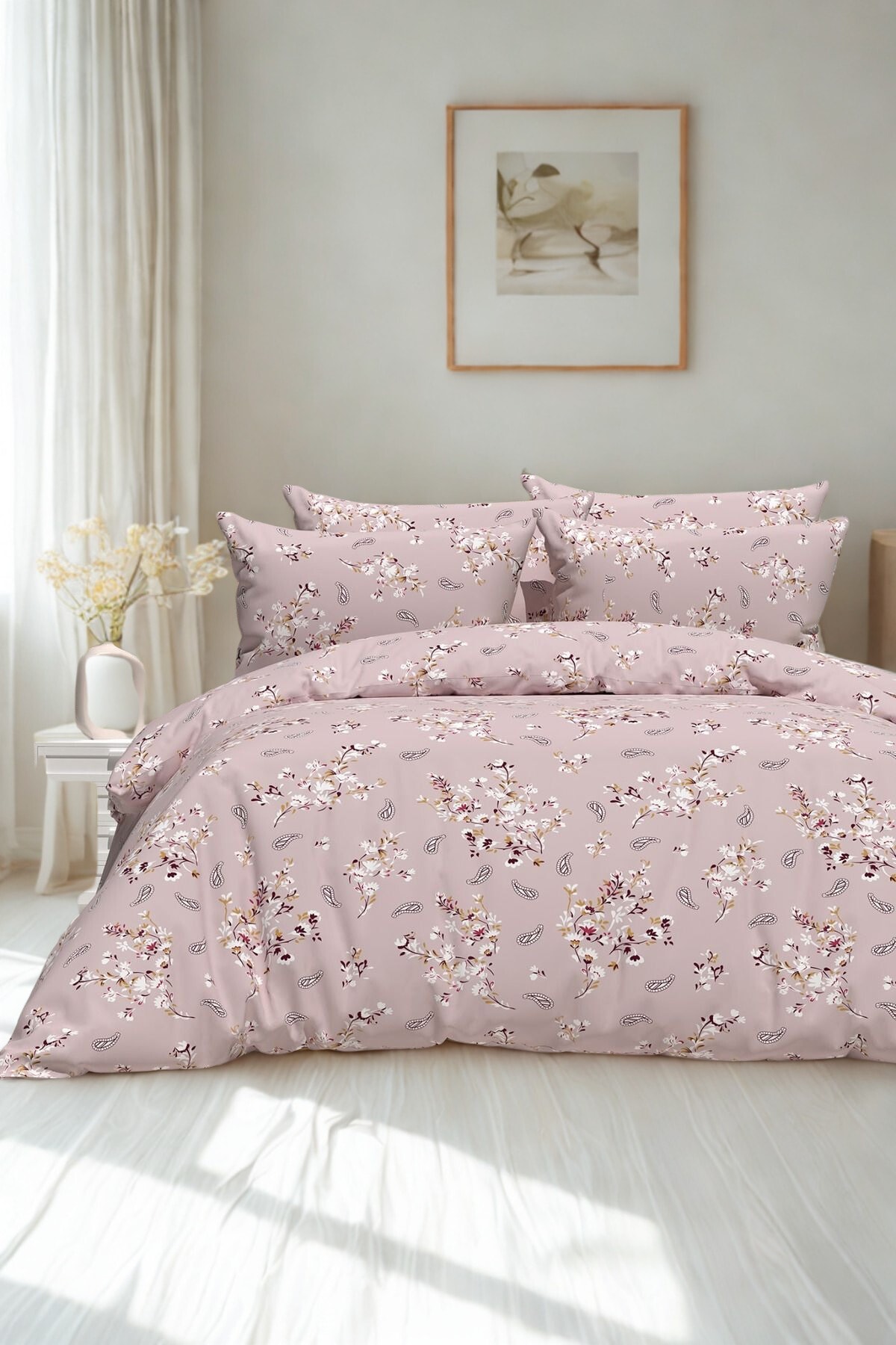 Ranforce Pembe Etnik Desenli Çift Kişilik Nevresim Seti – Battal Boy 200x220 cm | Pamuklu & Konforlu