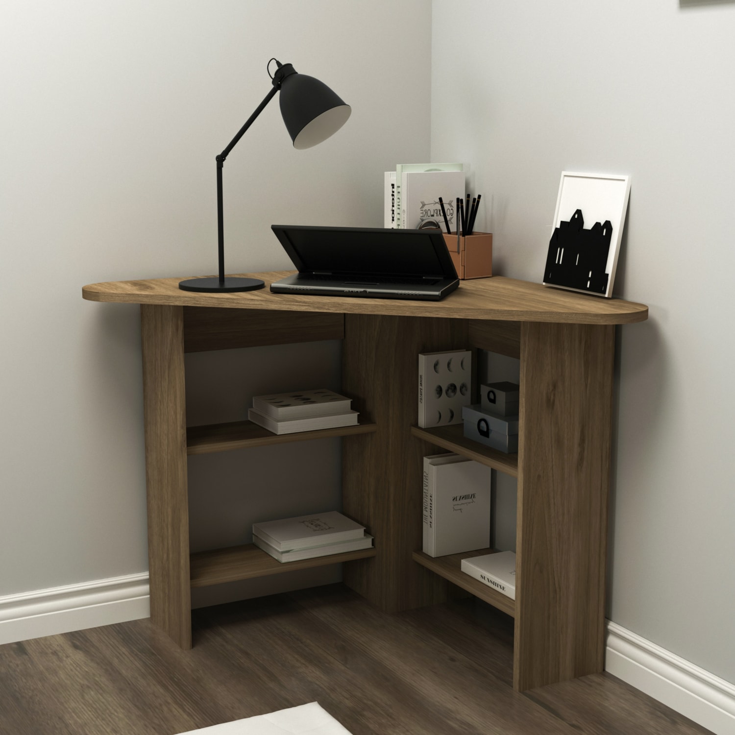 Corner Köşe Çalışma Masası Bilgisayar Masası Yer Kaplamaz Ofis Masası, Ceviz - Corner