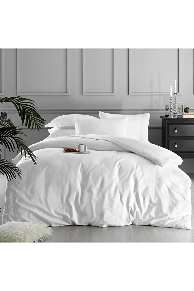 White Collection Square Pamuk Jakar Saten Çift Kişilik Nevresim Kılıfı Beyaz