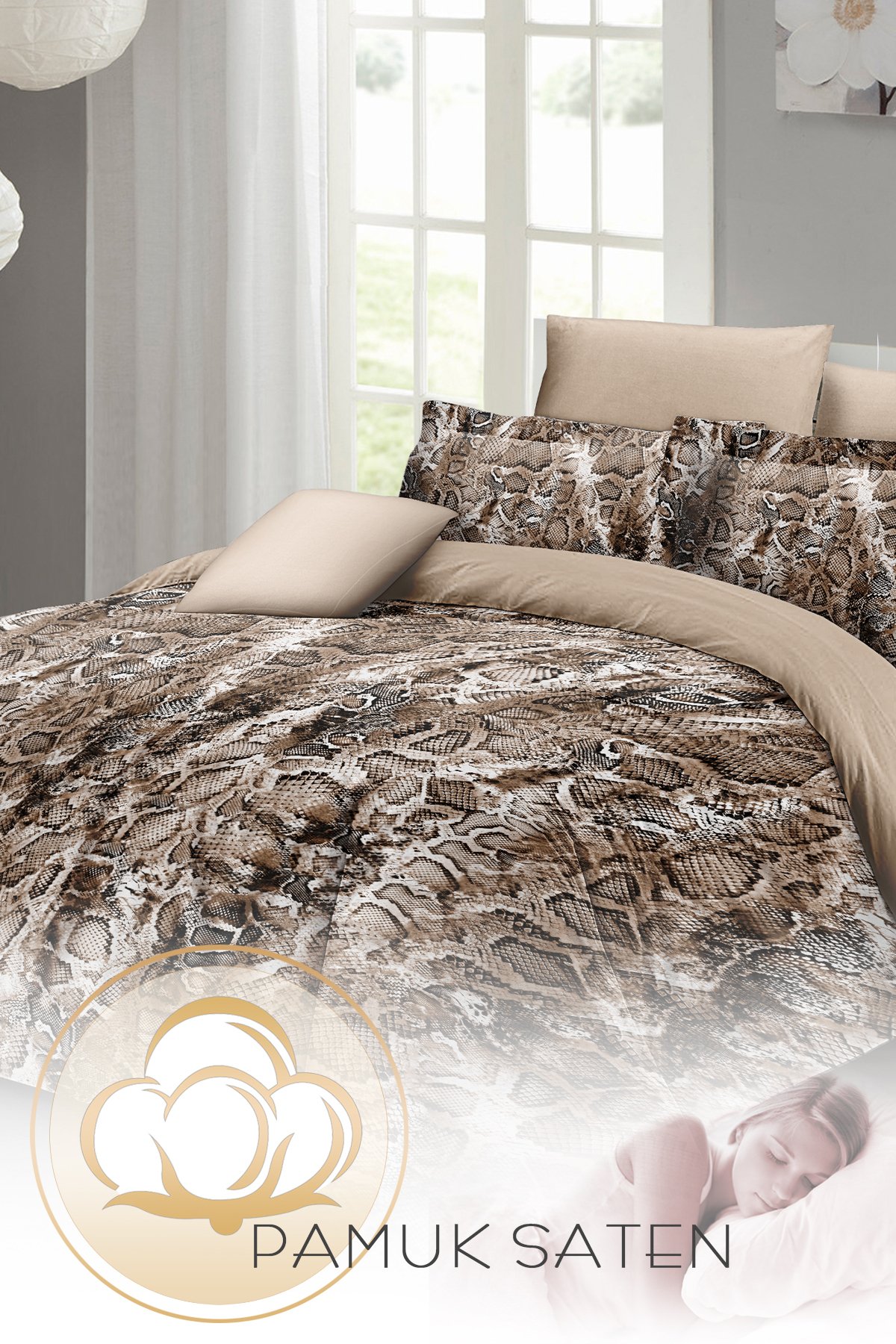 Kıng Sıze %100 Pamuk Saten Çift Kişilik Nevresim Takımı Wall Snake 220x240cm