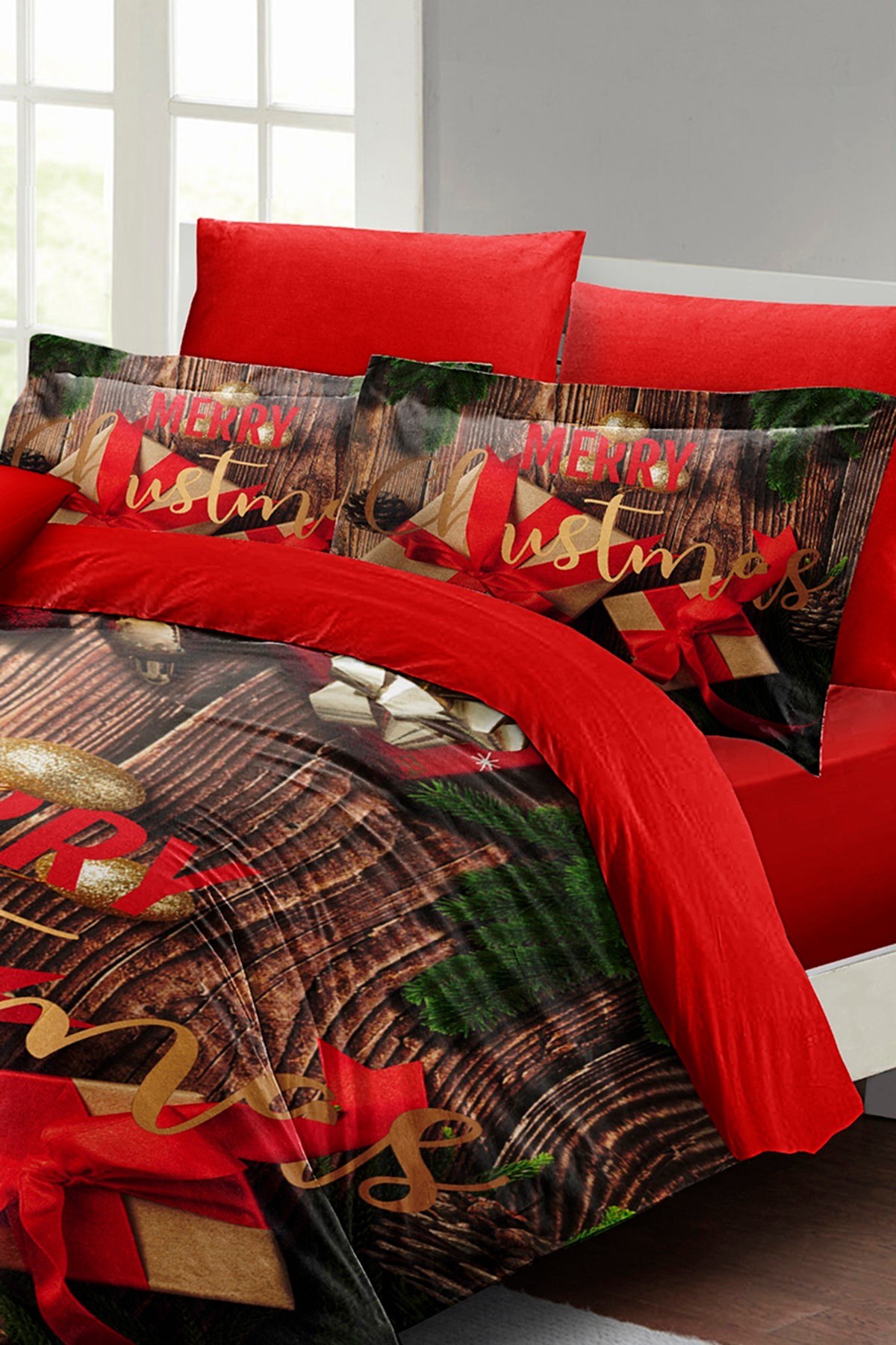 Yılbaşı Merry Christmas Çift Kişilik 3d Nevresim Takımı Pamuk Saten Gift
