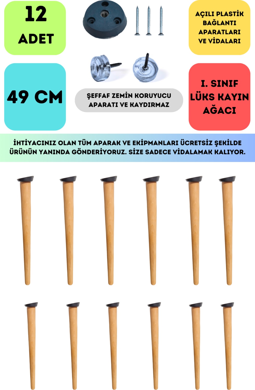 12'li Konik Lüks Ahşap Ayak, Masa Ayağı, Sehpa Ayağı, Açılı Parat ve Vidalar 49 cm