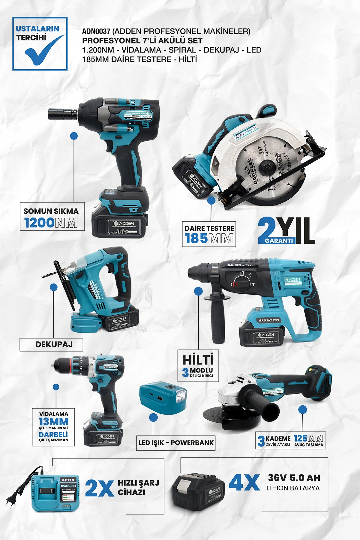 ADN0037 7'li Profesyonel Şarjlı Set Somun Sıkma Daire Testere Vidalama Hilti Dekupaj Taşlama