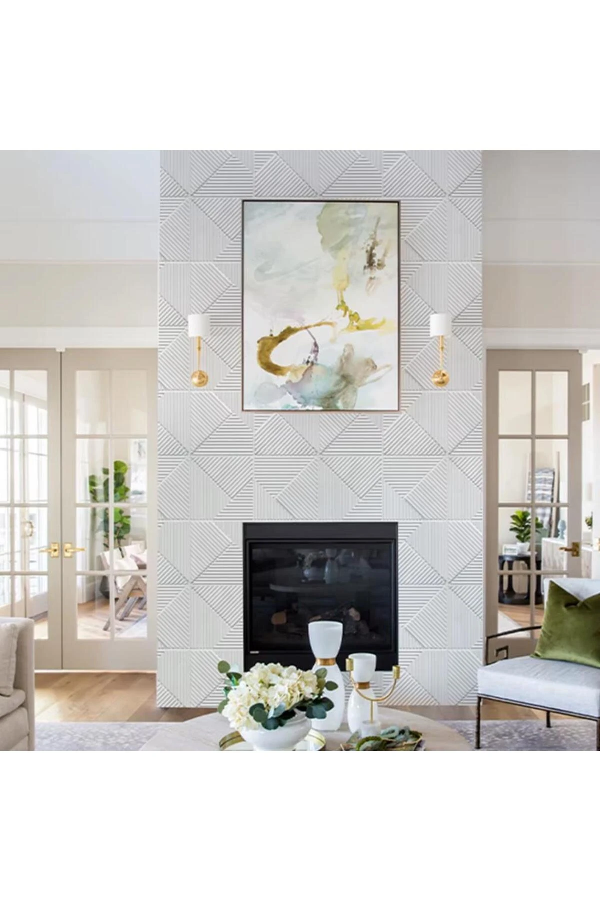 50cmx50cm 1Adet Beyaz 3D Abs Çizgili Desenli PVC Dayanıklı Duvar Paneli Silinebilir Lambiri Model