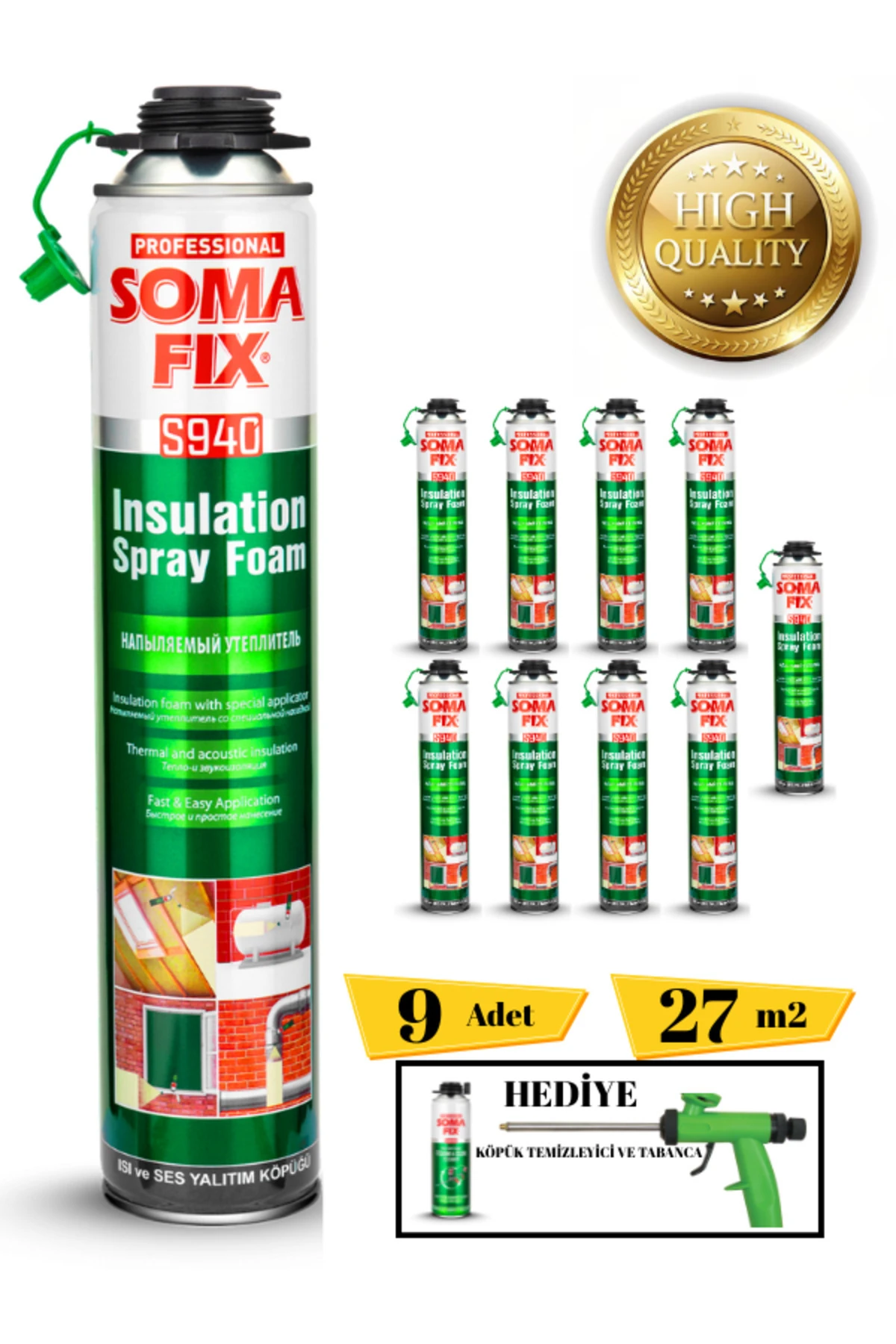 Poliüretan Termal Isı Ve Ses Yalıtım Sprey Köpük (9 ADET) Tabanca Ve Temizleyici Hediyeli
