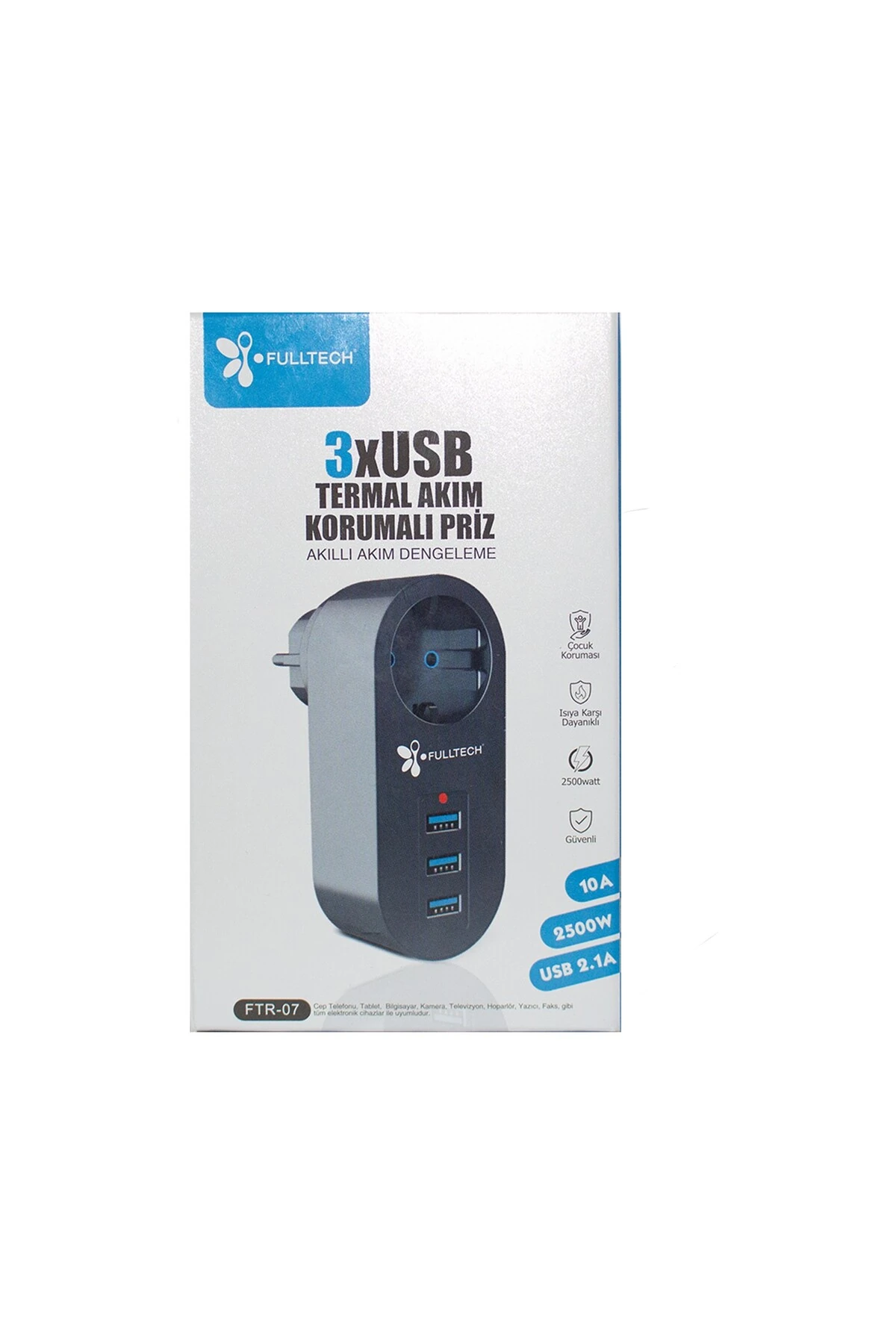 Akım Korumalı Tekli Priz - Akıllı Akım Dengeleme - 3xusb - Isıya Karşı Dayanıklı (4619)