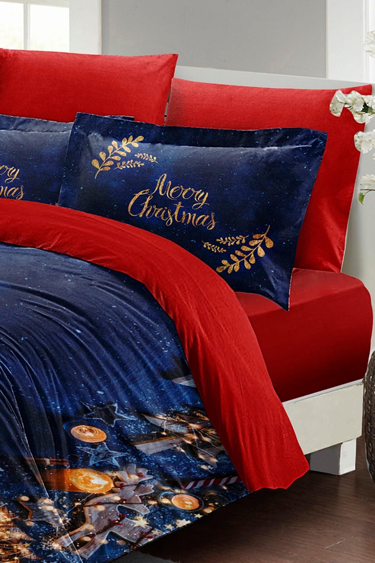 Kıng Sıze Yılbaşı Süsü Happy Noel %100 Pamuk Saten 3d Çift Kişilik Nevresim Takımı 220x240cm