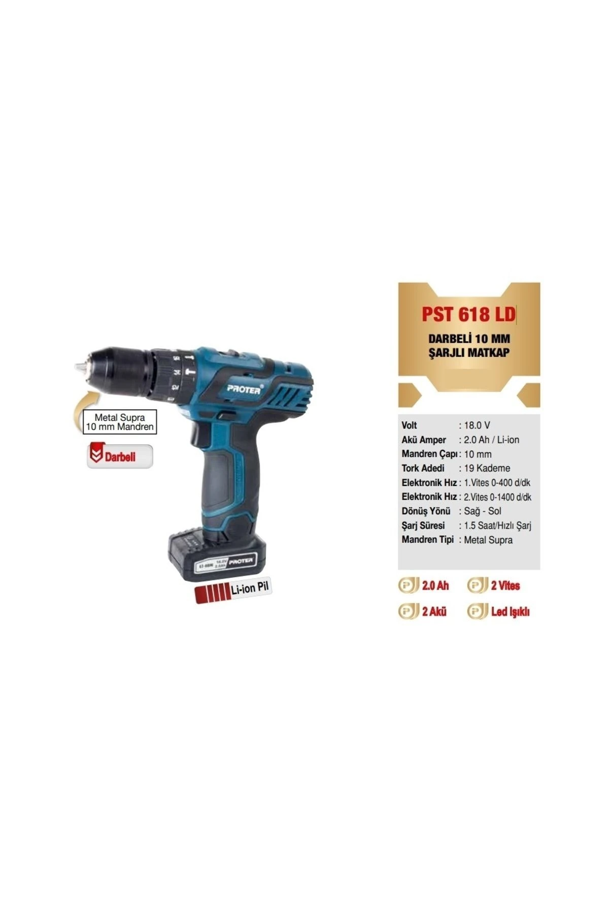 Akülü PST 618 LD DARBELİ 10 MM ŞARJLI MATKAP 18 Volt Yok 2 Kablosuz 2 Yıl 18 W