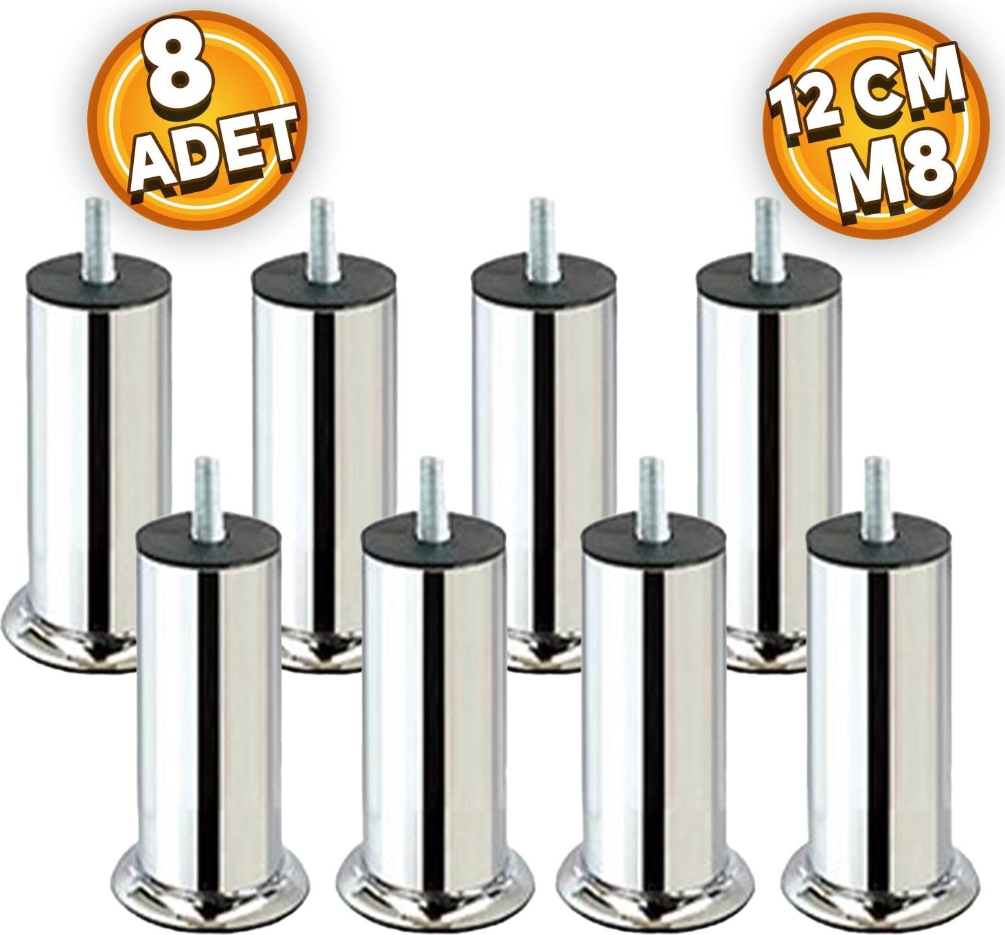 Baza Koltuk Kanepe Mobilya Yatak Çekyat Ayağı Ince Diş Metrik 8 Mm Krom Metal Ayakları 12 Cm 8 Adet