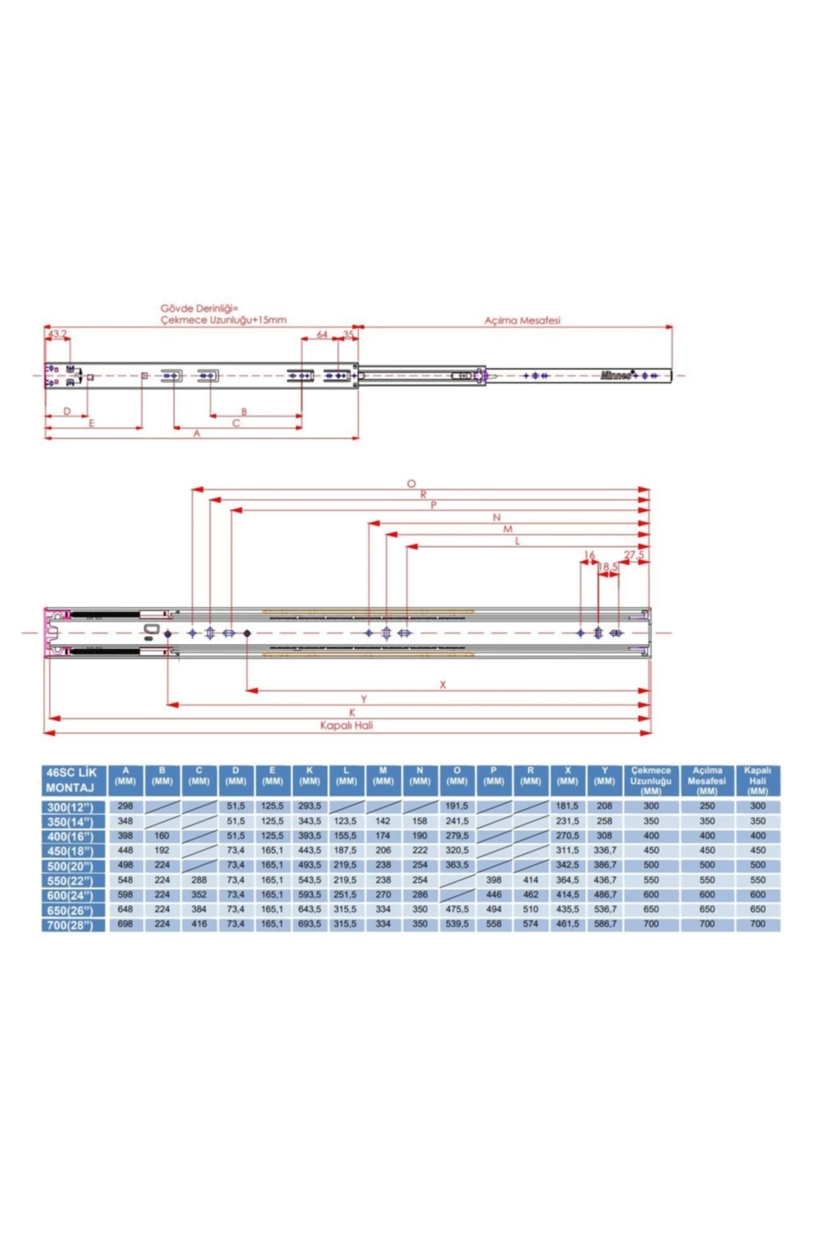 Minnes Silent - System (frenli) 35cm Teleskopik Ray Bilyalı Çekmece Rayı 46x350mm