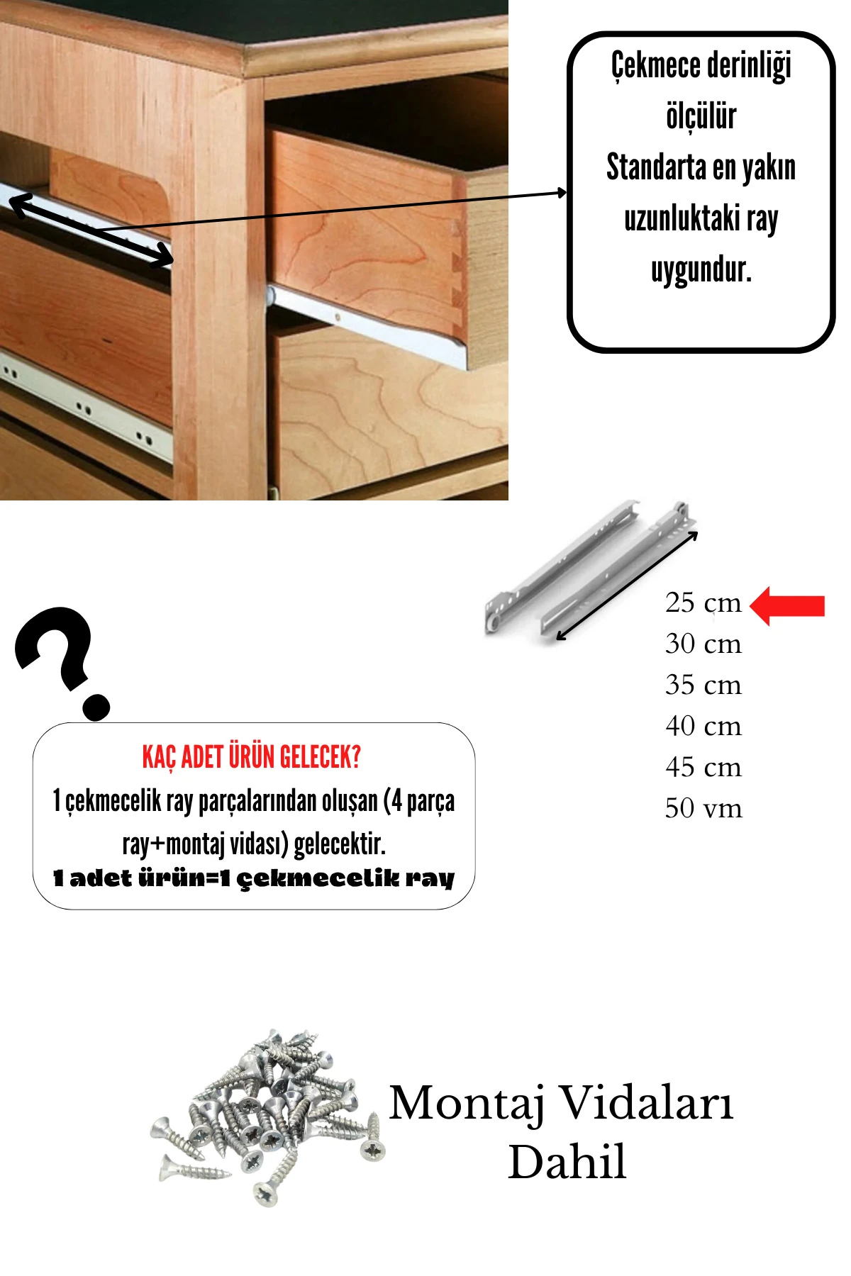 25 Cm Klasik Kızaklı Dolap Çekmece Rayı 1 Çekmecelik (4 PARÇA KARŞILIKLI)