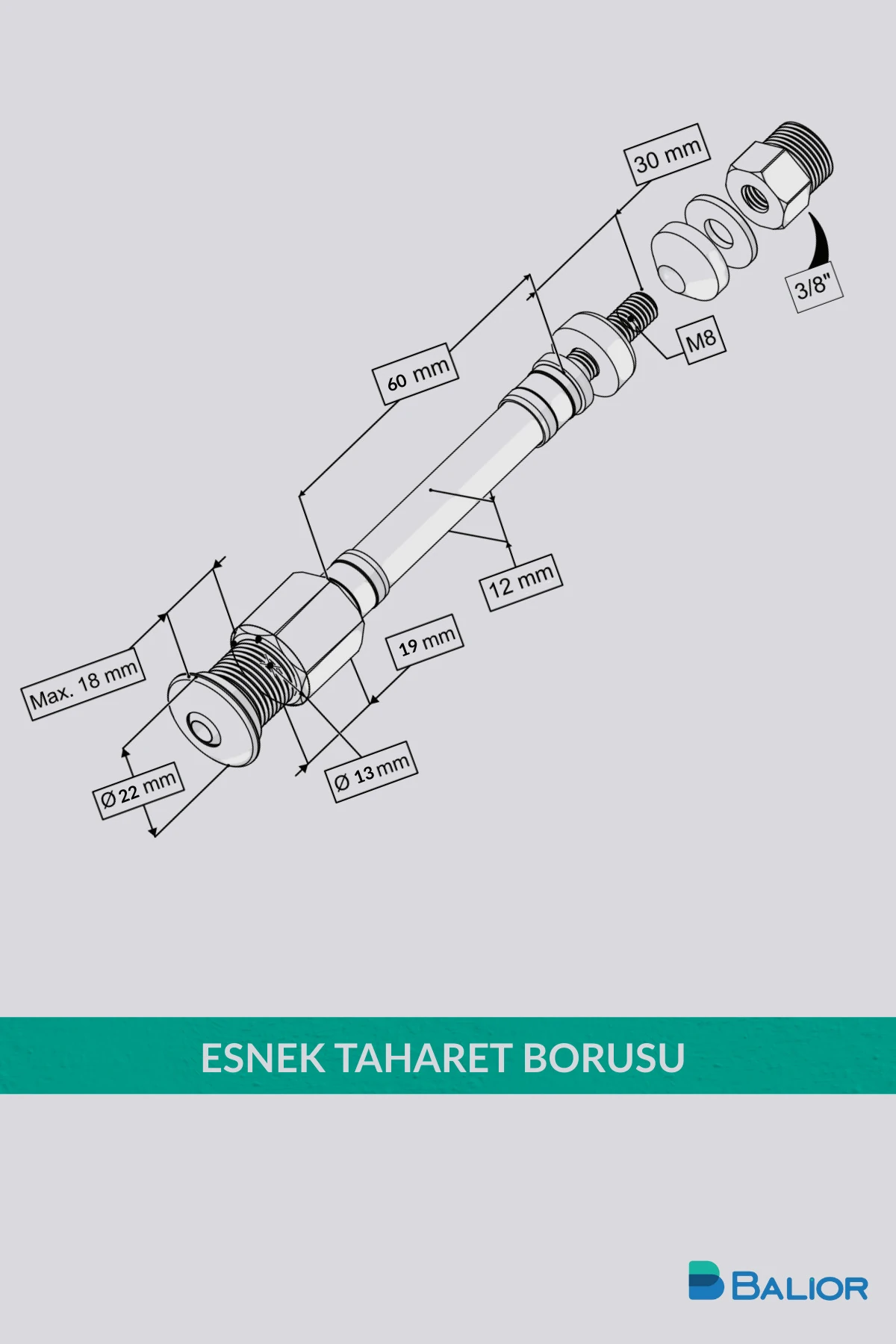 Asma Klozet Esnek Taharet Borusu Ø22 – 60 mm Rakorlu Bağlantı