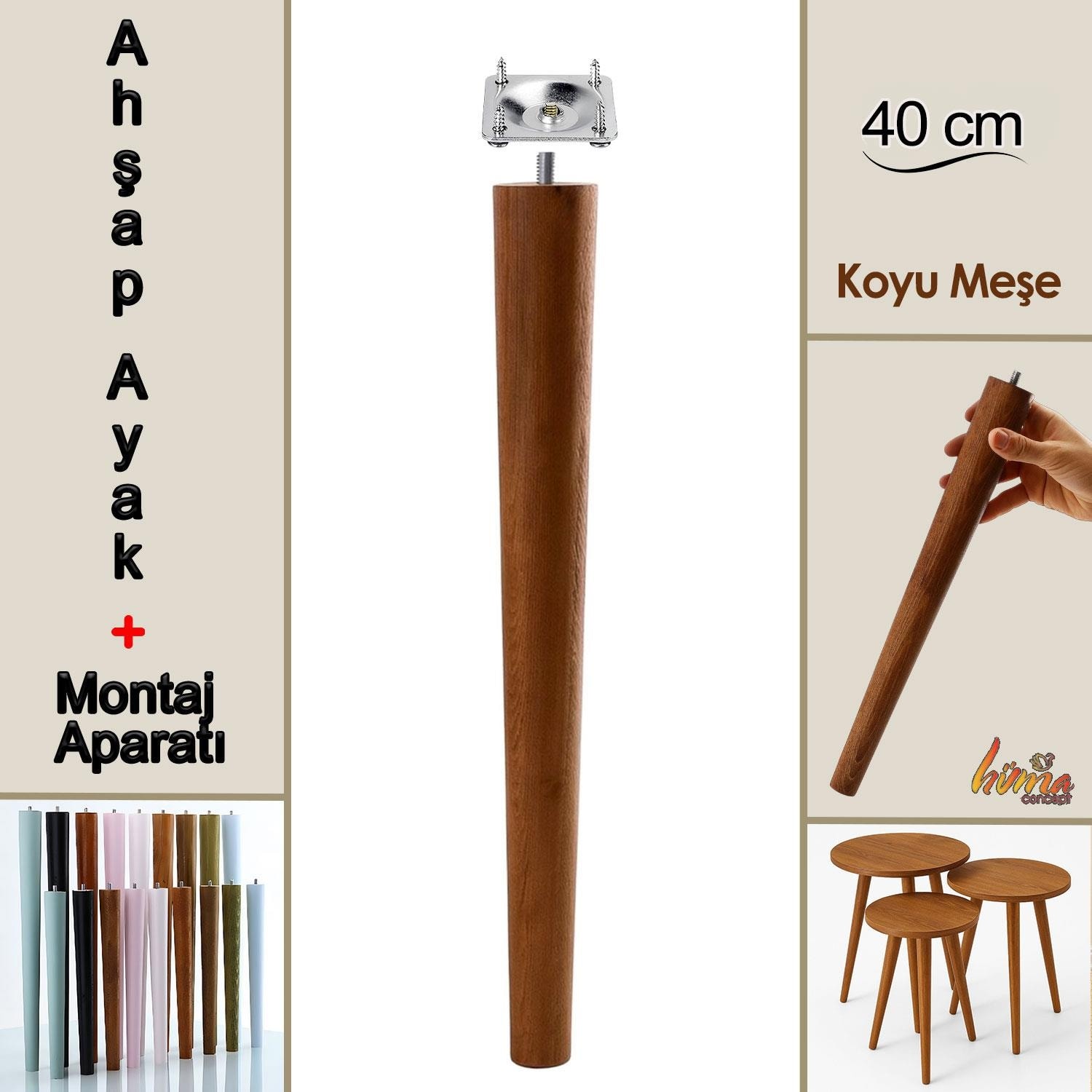 Ahşap Ayak 40 cm Koyu Meşe M8 Civatalı Bağlantı Aparatlı Mobilya Tabure Sehpa Masa Destek Ayağı