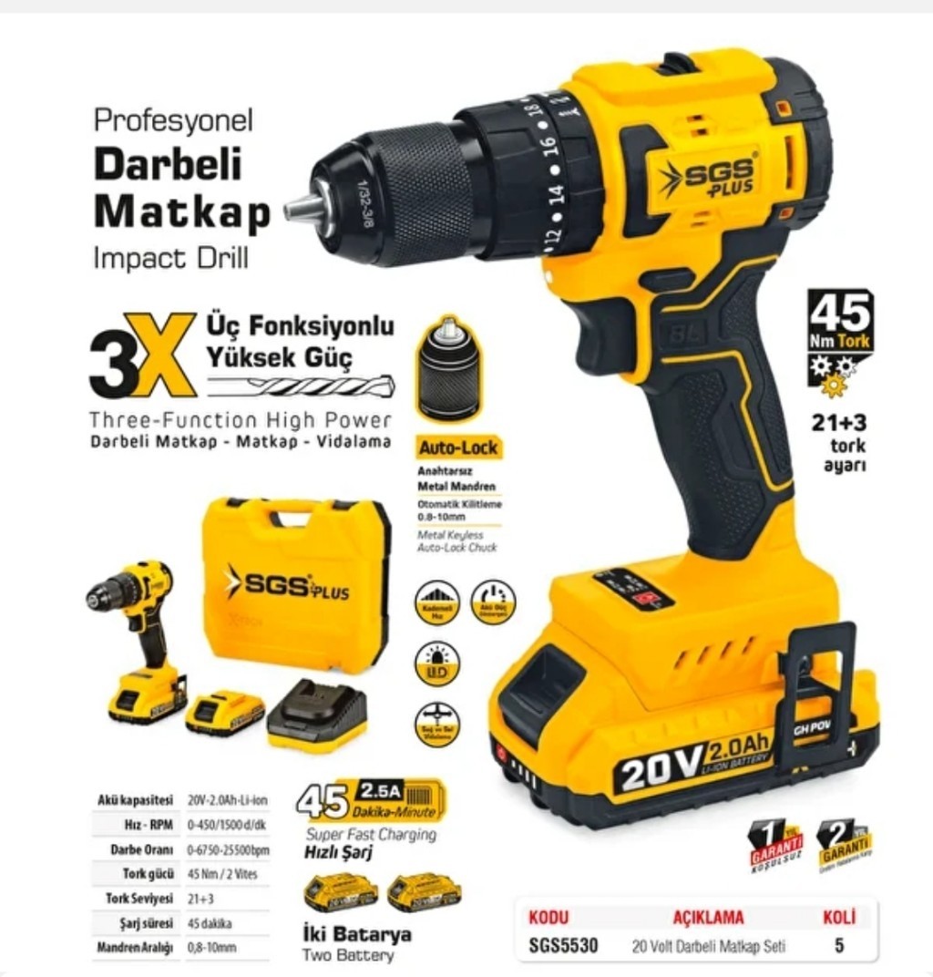 Akülü Darbeli Matkap Seti 20 Volt - 2 Amper SGS5530