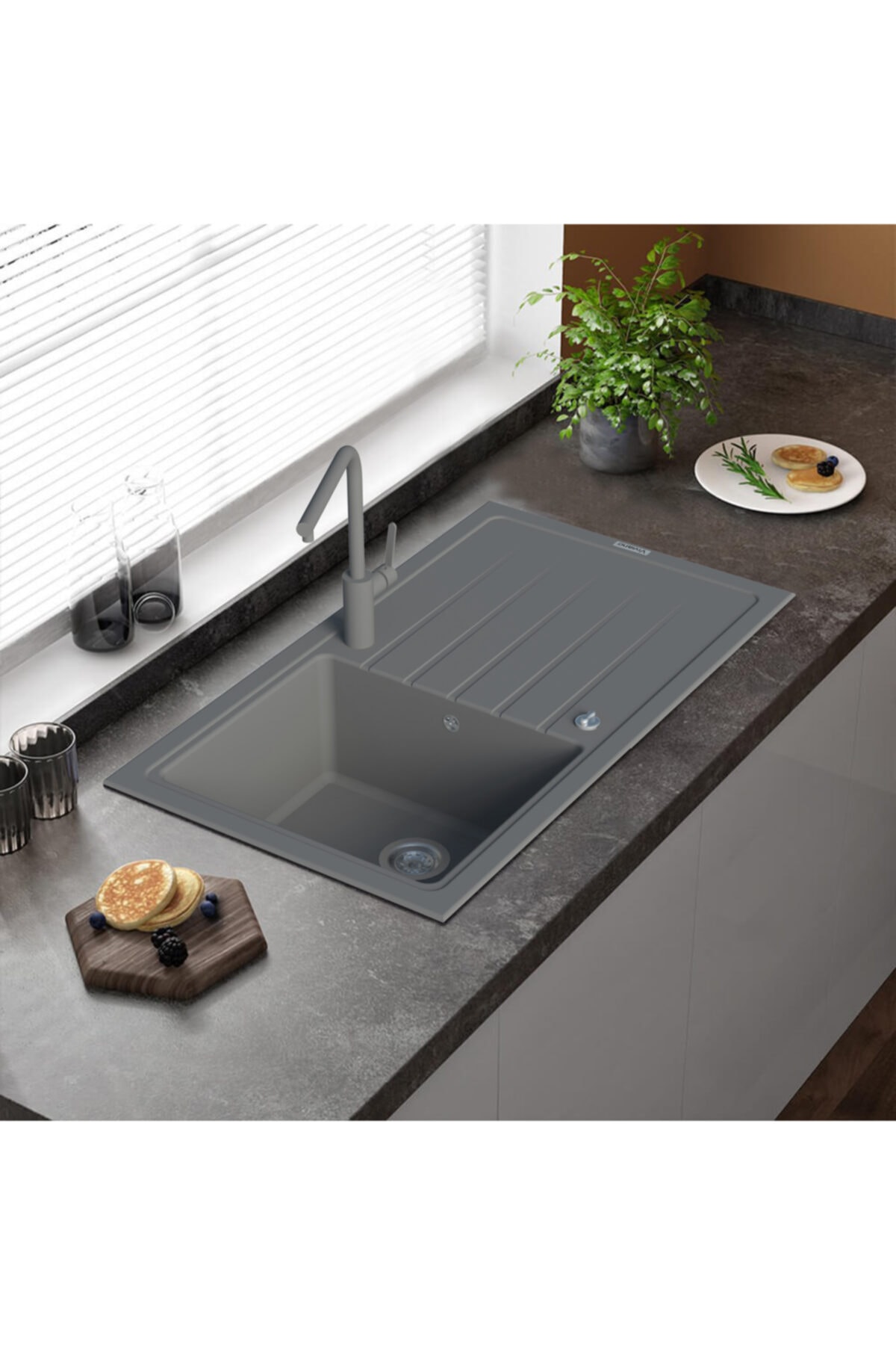 Viviano | 1 Göz 50x86 Cm Antrasit Granit Evye Sifon