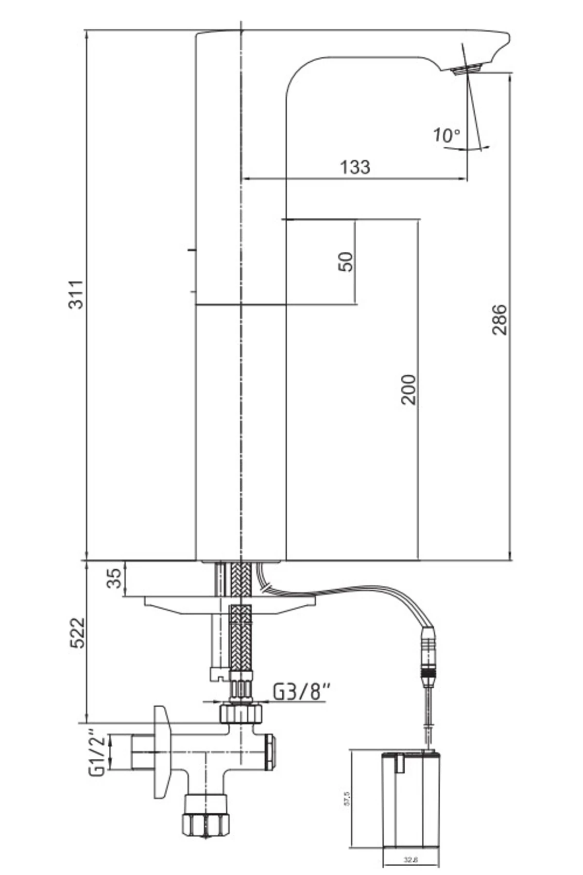 Compact Fotoselli Yüksek Tip Lavabo Bataryası Pilli 108108036 Çift Su Girişli