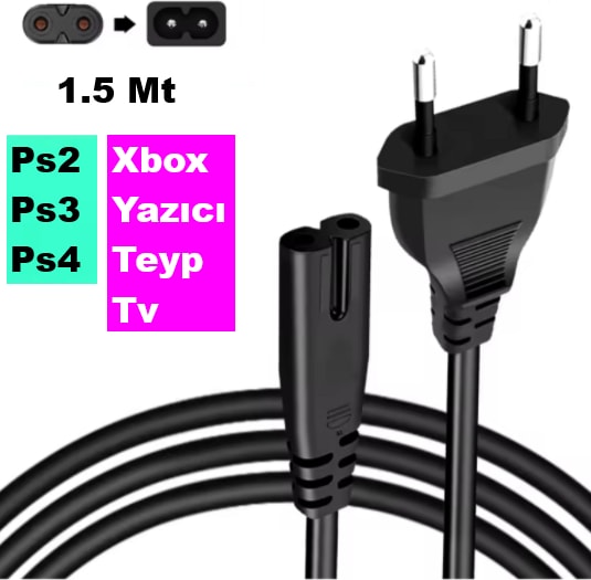 Teyp Radyo Yazıcı Elektrik Power Güç Kablosu Fişi Ps2/3/4 2 Pin C7 (1.5 Metre)