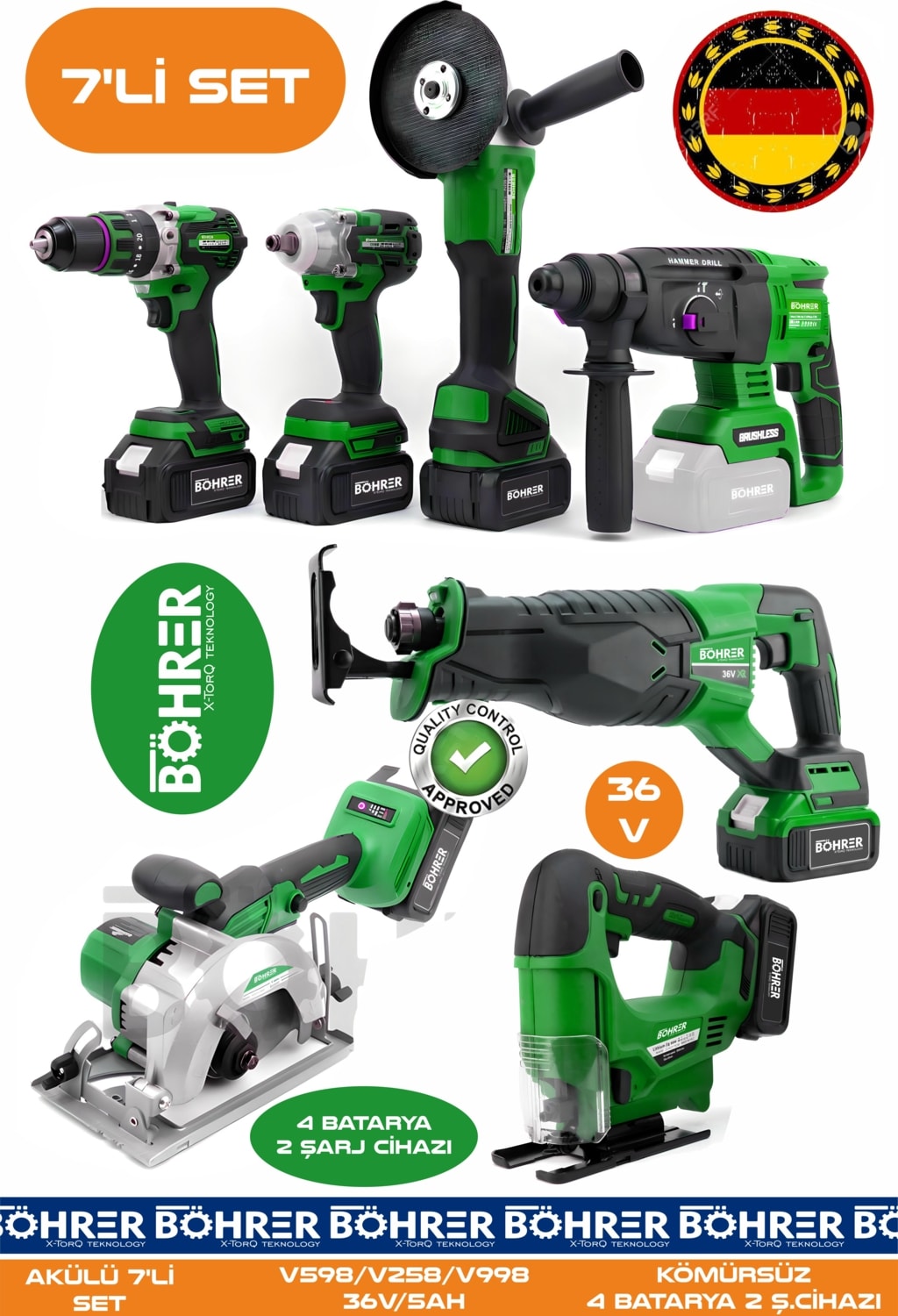 Alman 7 Makine Kombo Set BA01085Y 4 Akülü 2 Şarjlı Kömürsüz V598 5AH Profesyonel - Green Yeşil