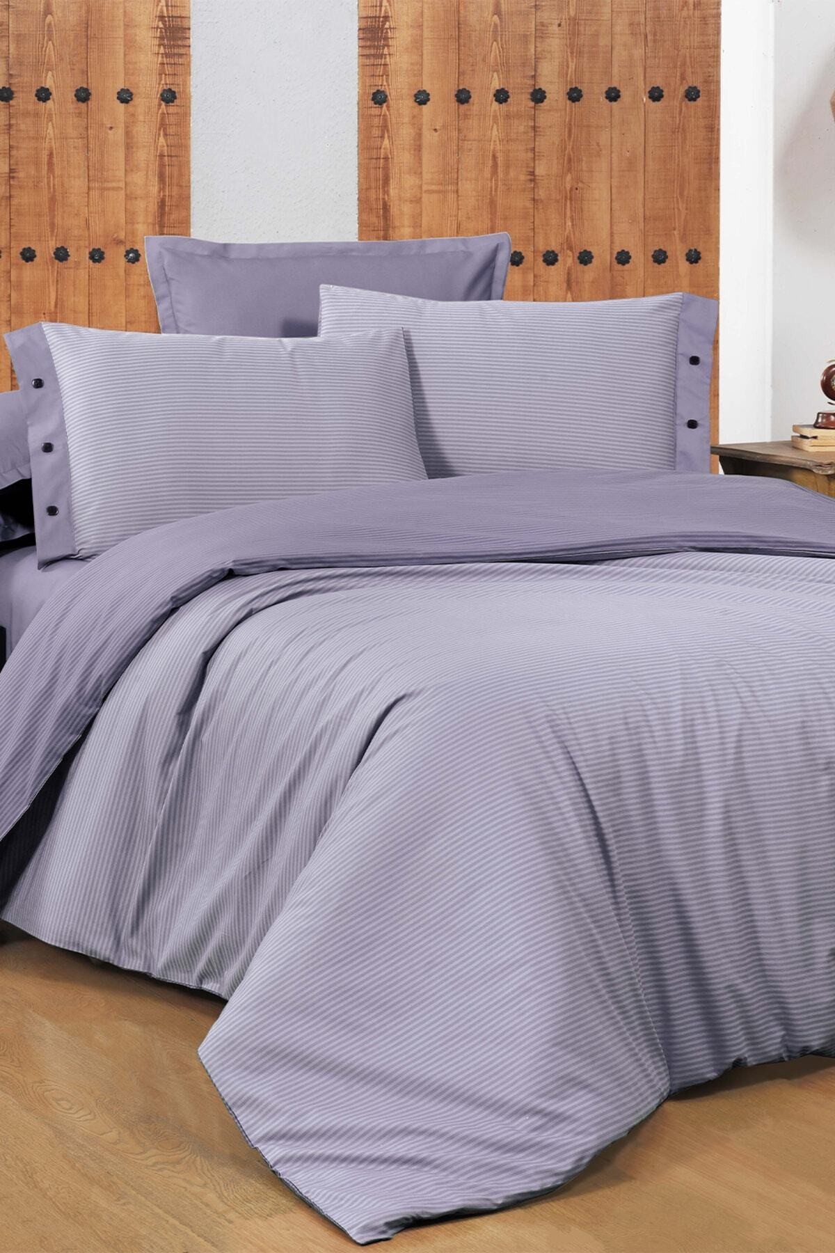 New Fancy Stripe Lila King Size (battal Boy) %100 Pamuk Çizgili Nevresim Takımı