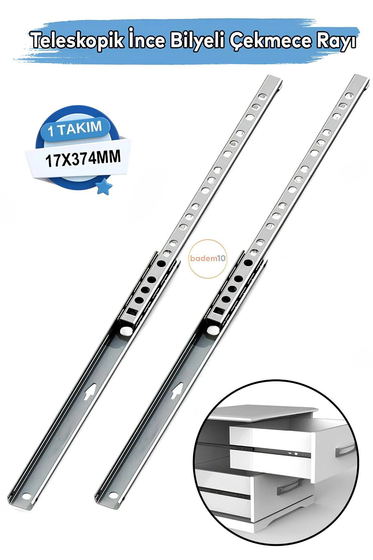 Teleskobik İnce Bilyeli Bilyalı Dolap Çekmece Rayı Sürgüsü Metal En 1.7 cm 17 mm Uzunluk 37.4 cm 374