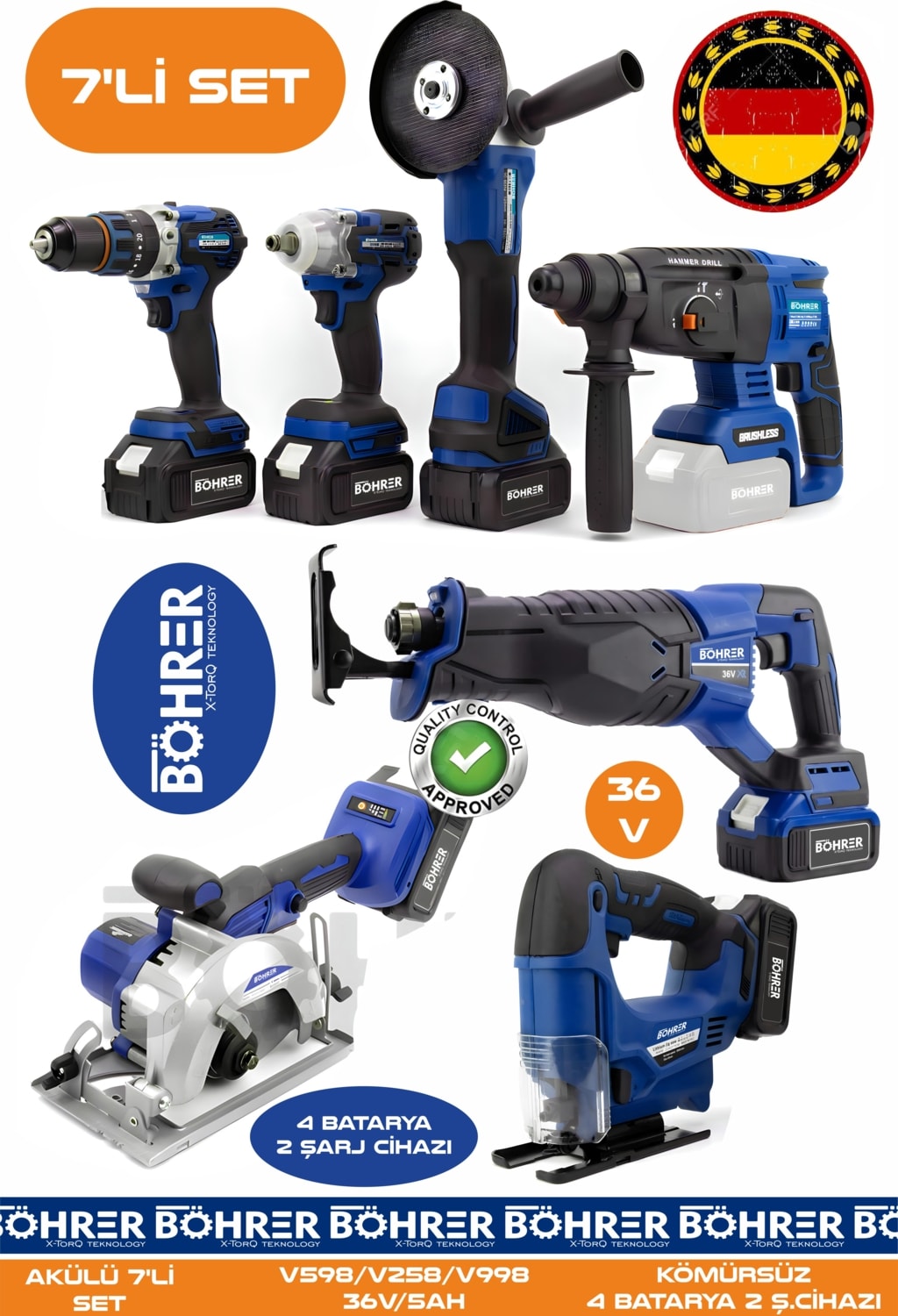 Alman 7 Makine Kombo Set BA01085M 4 Akülü 2 Şarjlı Kömürsüz V598 5AH Profesyonel - Mavi Blue