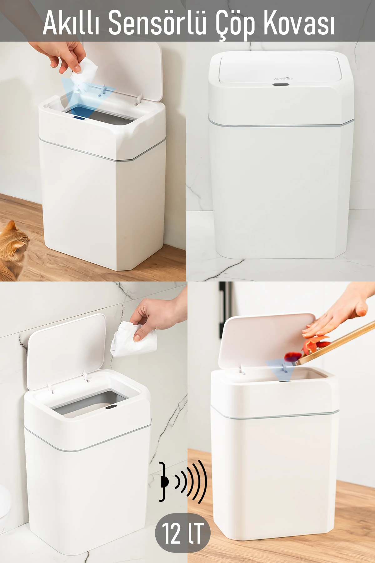 4147 Hareket Sensörlü Sessiz Kapatma Çöp Kutusu Banyo Mutfak Çöp Kovası Kapaklı Banyo Çöp Kovası