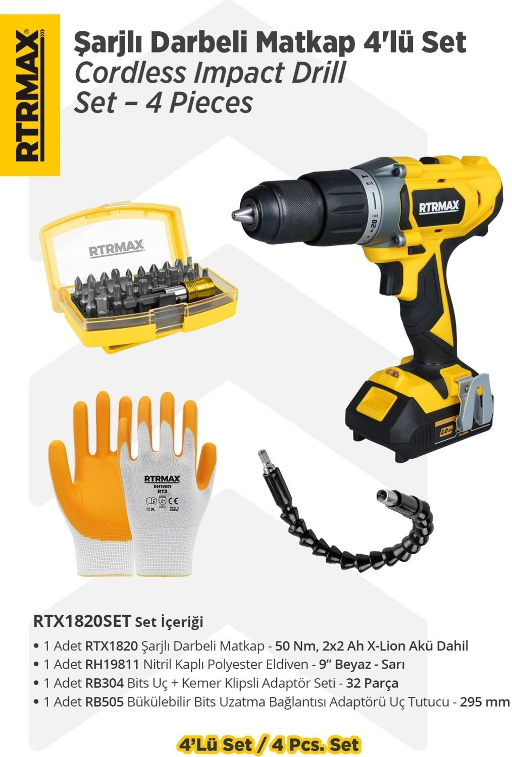 RTX1820SET Şarjlı Darbeli Matkap 4'lü Set -Bits Uç + Kemer Klipsli Adaptör Seti-Uç Tutucu-Eldiven