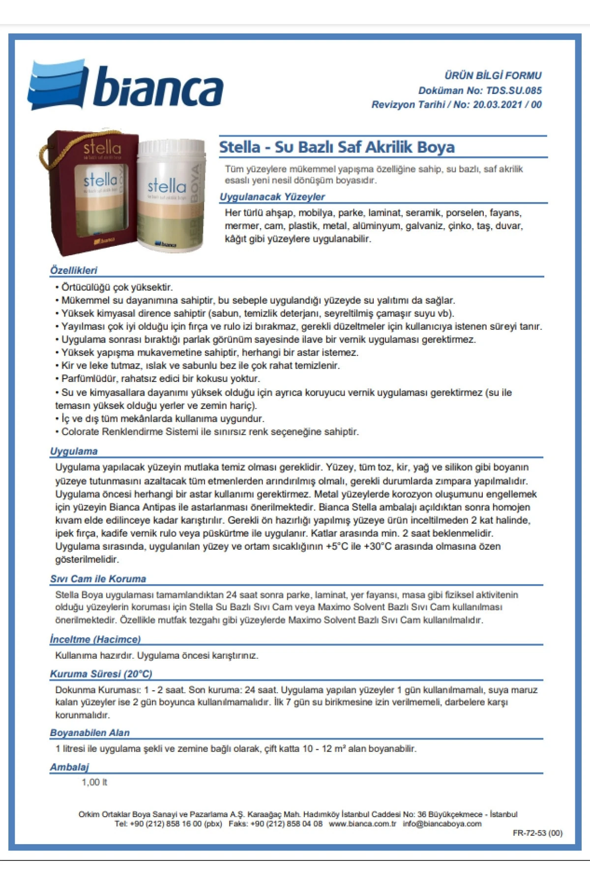 Stella Su Bazlı Saf Akrilik Boya 1 Lt Renk ( 2703 )