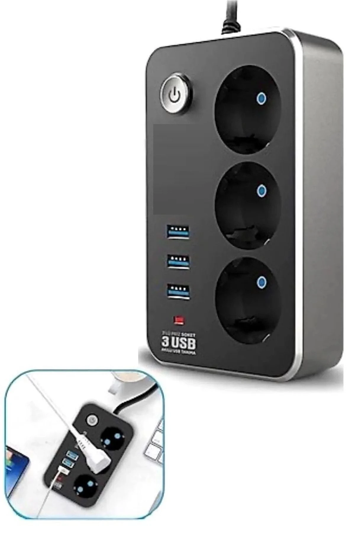 Termal Akım Korumalı Çoçuk Korumalı 3'lü Priz 3 Usb'li 2m Anahtarlı Akıllı Uzatma Kablosu