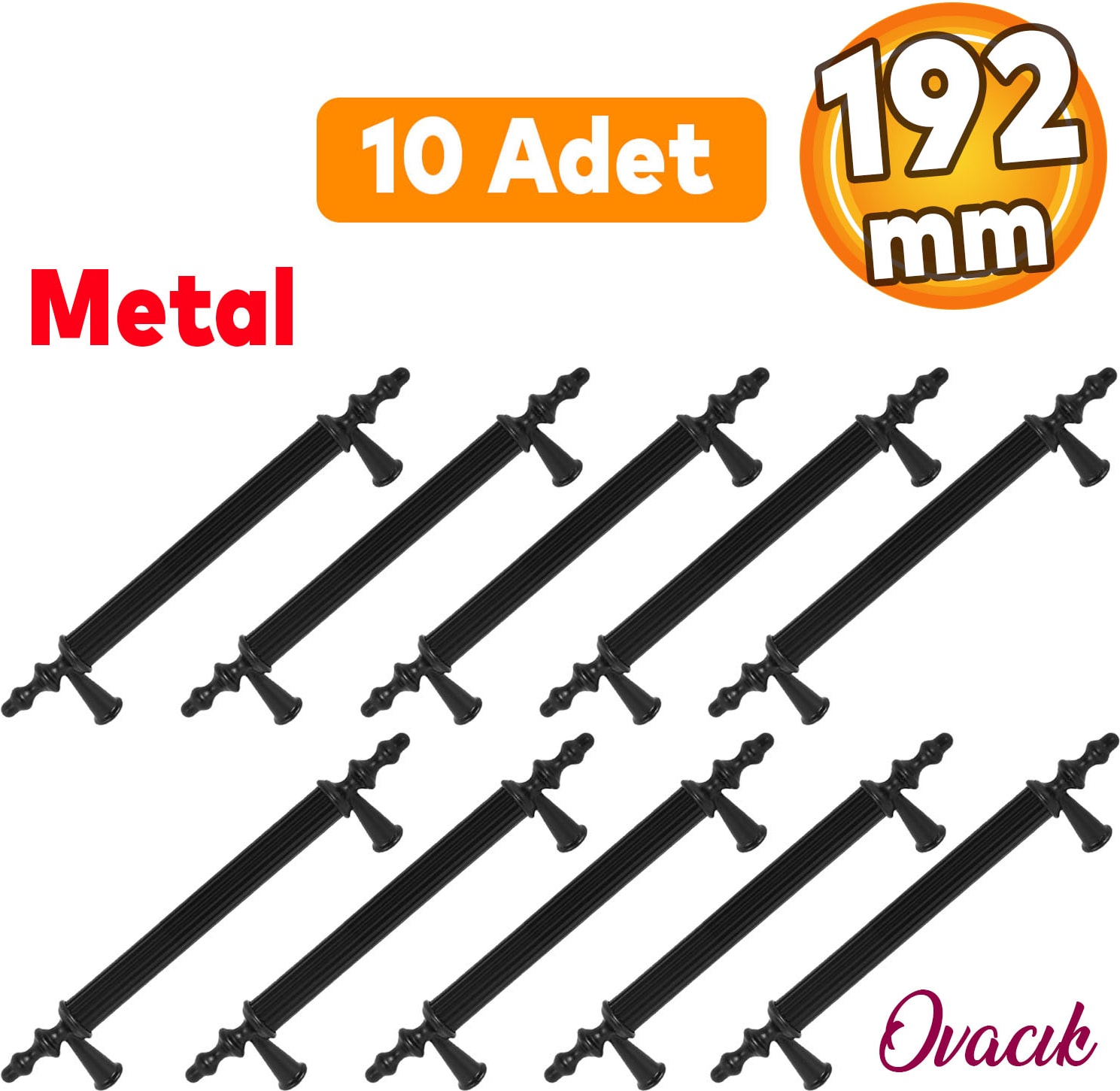 10 Adet Ovacık Mobilya Mutfak Dolap Çekmece Dolabı Kapak Metal Siyah Kulpu Kulbu Kulpları 192 mm