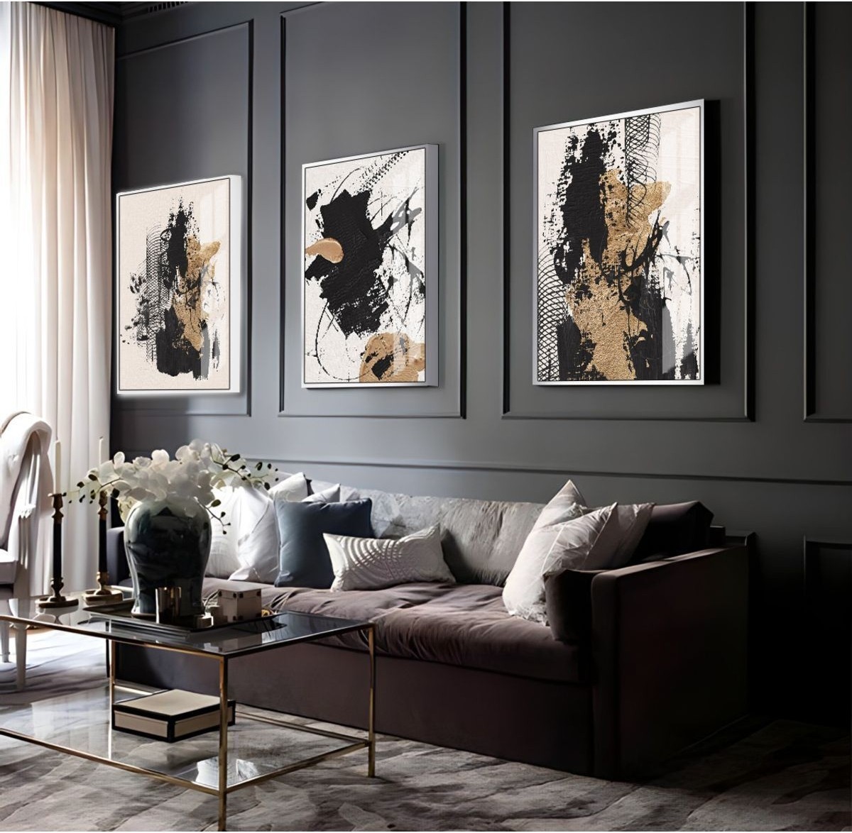 Gri-Gold-Siyah Soyut Abstract Kombini 07|Çerçeveli Cam Tablo 3lü Dikey