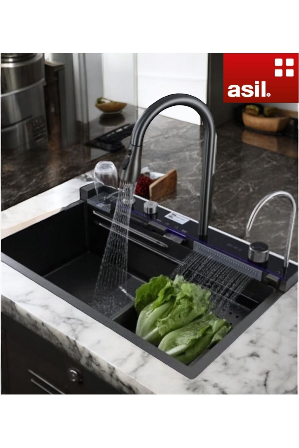 Asil Krom Şelaleli Eviye, Tam Set, Teknolojik, Akıllı Mutfak Evyesi, Mutfak Lavabosu