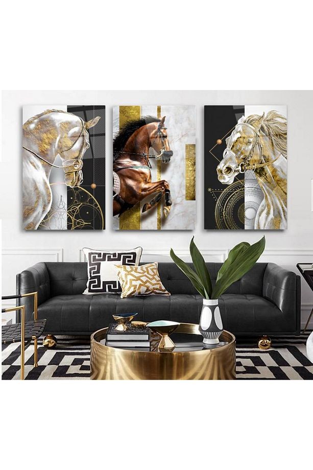 3 LÜ GOLD DETAY ATLAR HARİKA UYUM KIRILMAZ CAM TABLO ULTRA CANLI RENKLİ MODERN EV HEDİYESİ