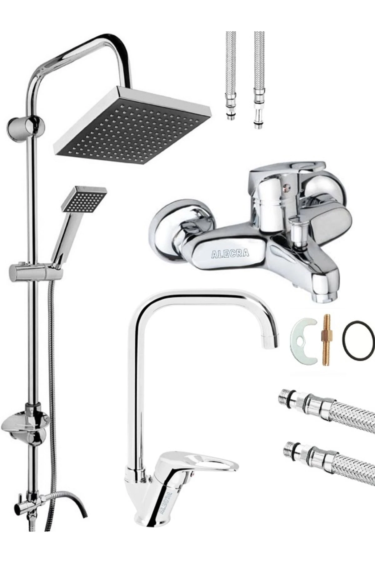 Duş Seti Krom 3'lü Duş Seti Köşe Borulu Banyo Bataryalı Çeşmesi Musluğu