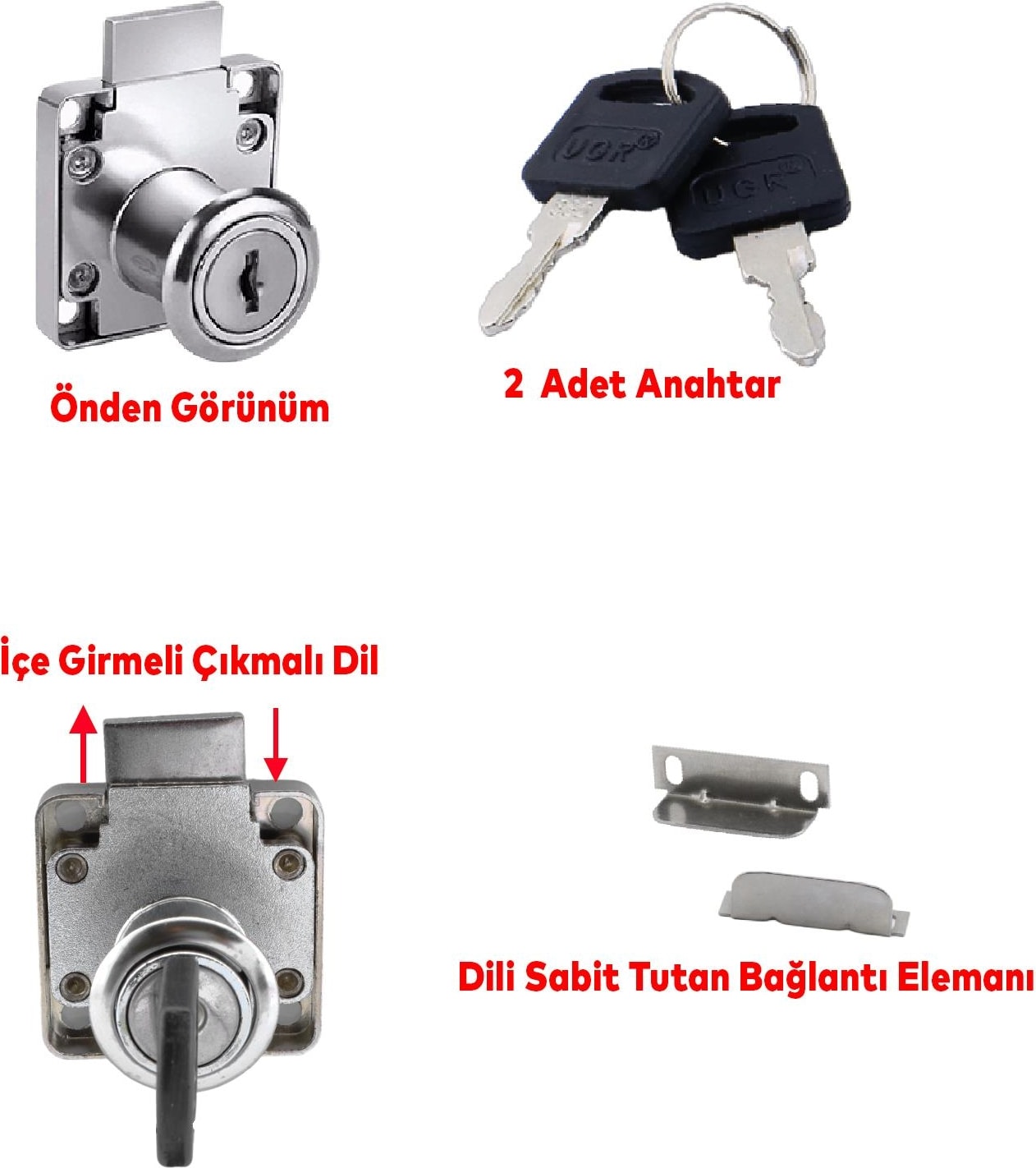 Ugr Kare Mobilya Çekmece Dolap Kilidi Nikel Krom 2 Anahtarlı Kilit 4x4 cm 22 mm (5 Adet)