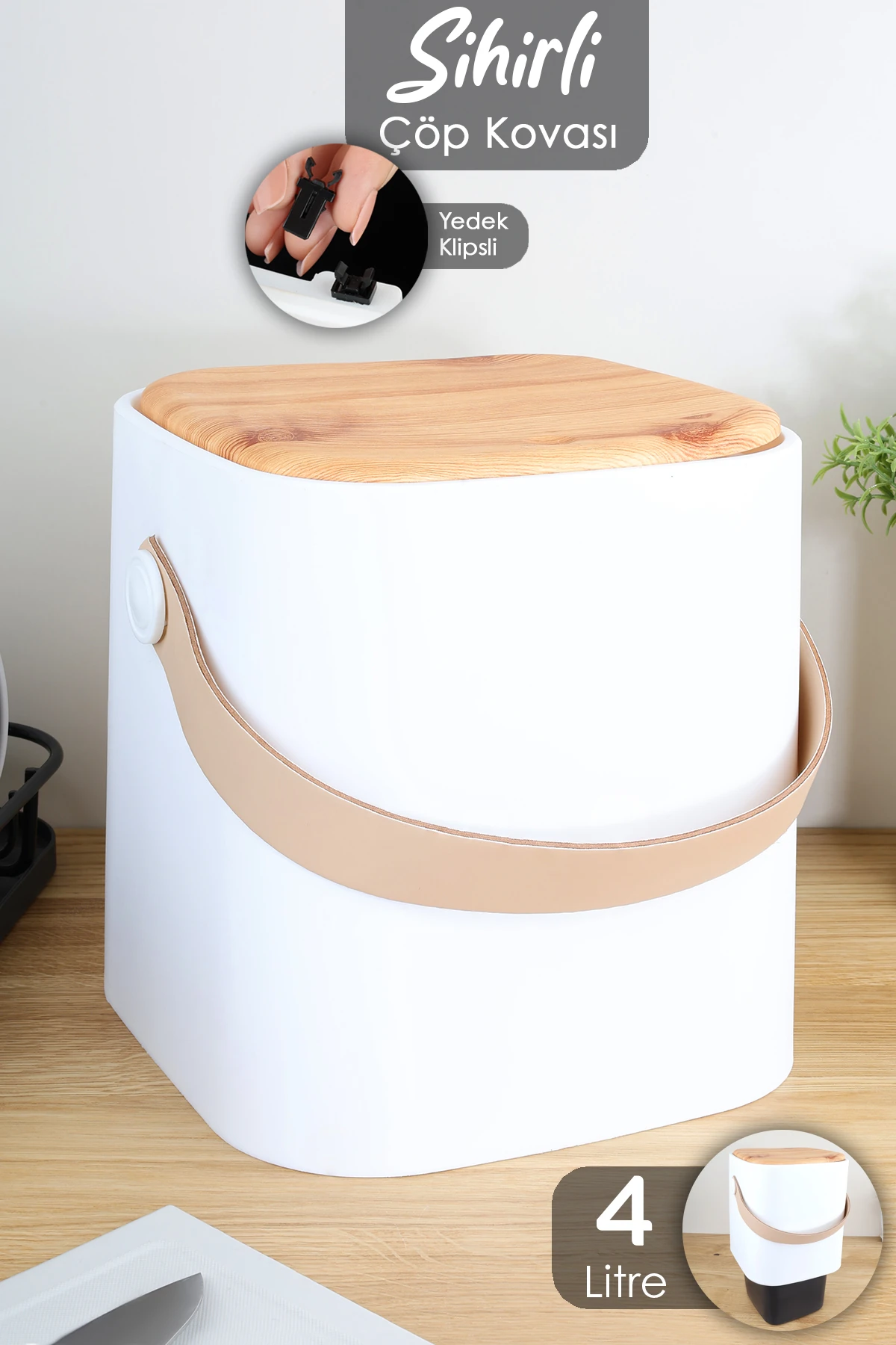4Lt Ahşap Görünümlü Çöp Kovası - Akıllı Kapak Tutma Saplı Kovalı Tezgah Üstü Mutfak Çöp Kovası Beyaz
