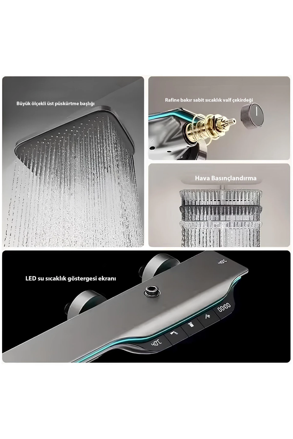 Dijital Led Göstergeli Termostatik Akıllı Piyano Duş Seti Tepe Duş Seti